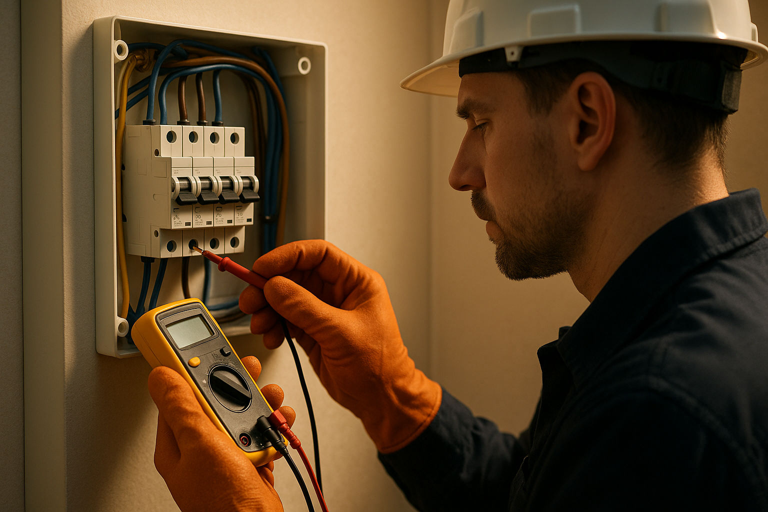 A photorealistic shot capturing an electrician inspecting an electrical panel with miniature circuit breakers (MCBs) labeled with 'C' curves, showcasing their installation in a residential setting, with focus on the professional's hands using a multimeter for testing, warm indoor lighting to highlight the details and safety measures, emphasizing routine maintenance and safety compliance.