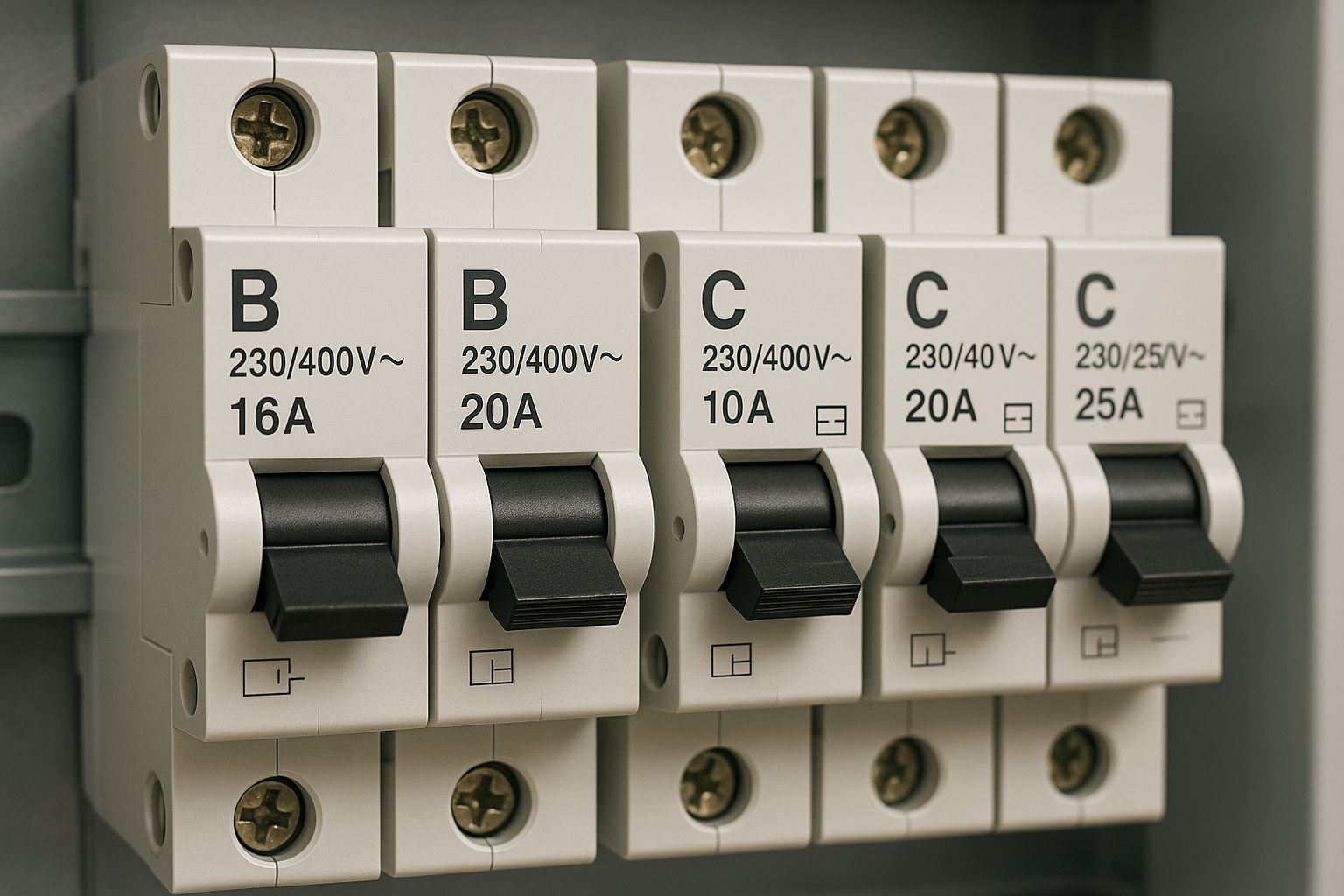 A photorealistic shot capturing a close-up of various miniature circuit breakers (MCBs) labeled with 'B' and 'C' curves installed in an electrical panel, showcasing their distinct markings and arrangement, with clear focus on the labeling and physical differences in a modern electrical setting, evenly lit to highlight the details of the breakers and panel components.