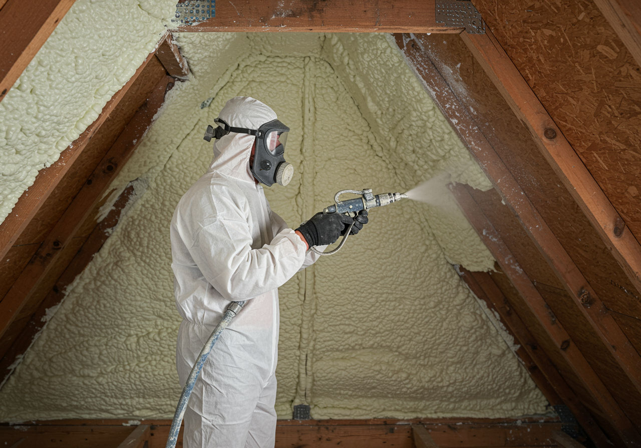 A photorealistic shot capturing a person wearing protective gear spraying polyurethane foam insulation on an attic wall, detailed, clear view of the application process, romanian worker