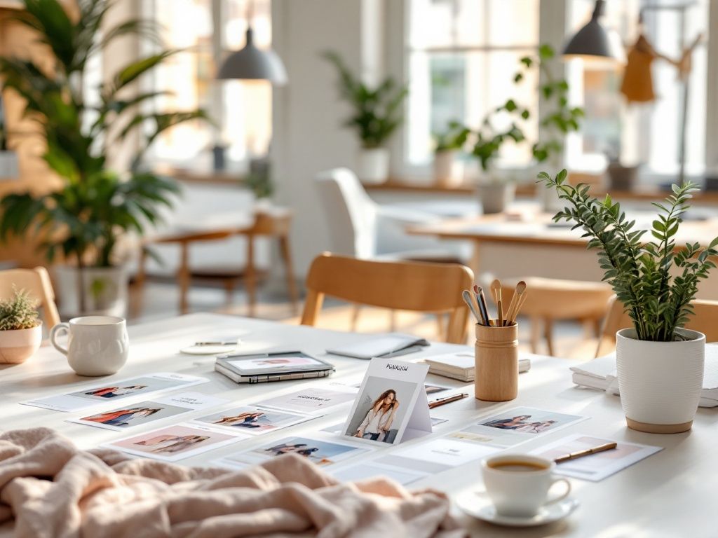 A photorealistic shot capturing, a fashion boutique's social media content calendar, laid out on a table, showcasing various content pillars such as product showcases, behind-the-scenes, user-generated content, fashion inspiration, and brand storytelling, shot in a bright, airy office.