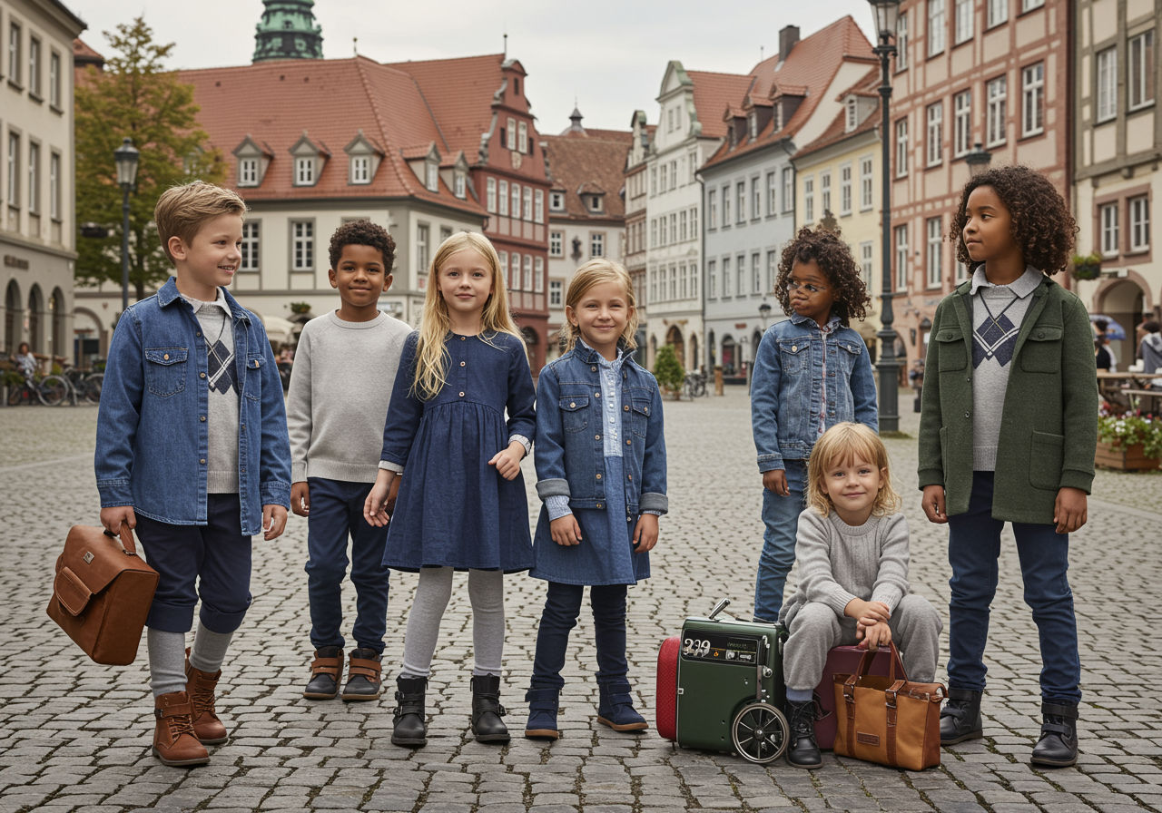 A photorealistic shot capturing a group of stylish children, showcasing a range of European kidswear fashion. The children are diverse in ethnicity and are dressed in high-quality, ethically produced clothing, reflecting the fashion trends of Germany, the Nordic countries, France, and Italy. The background should be a charming European cityscape, possibly with elements of historical architecture and modern design, emphasizing the sophistication and elegance of European fashion.