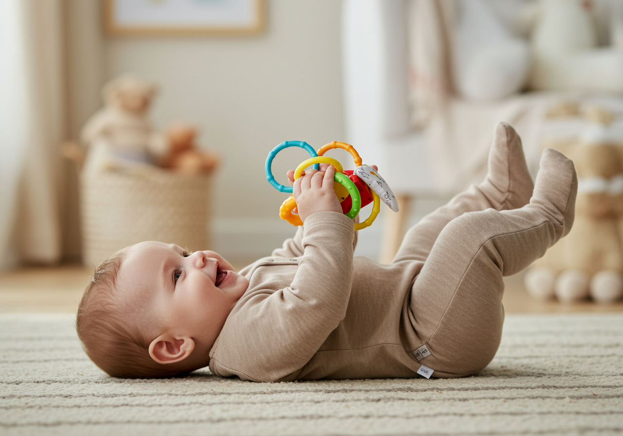 A photorealistic shot capturing a baby wearing a comfortable, soft onesie, lying on its back and playing with a colorful toy. The baby is smiling and appears content. The background should be a softly lit, cozy nursery with a blurred crib and other baby-related items.