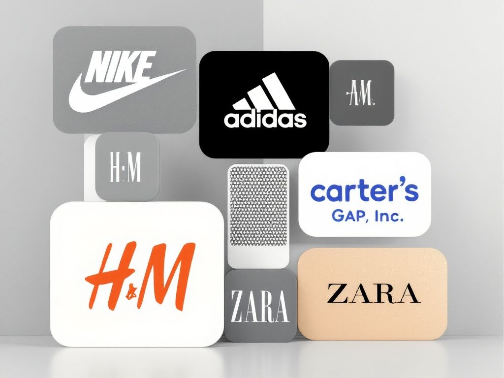 A photorealistic shot capturing a clean and modern logo collage representing the major players in the kidswear industry, including Nike, Adidas, Carter's, Gap Inc., H&amp;M, and Zara. The logos are arranged in an aesthetically pleasing manner against a neutral background. The design emphasizes the diversity and prominence of these brands in the competitive landscape.