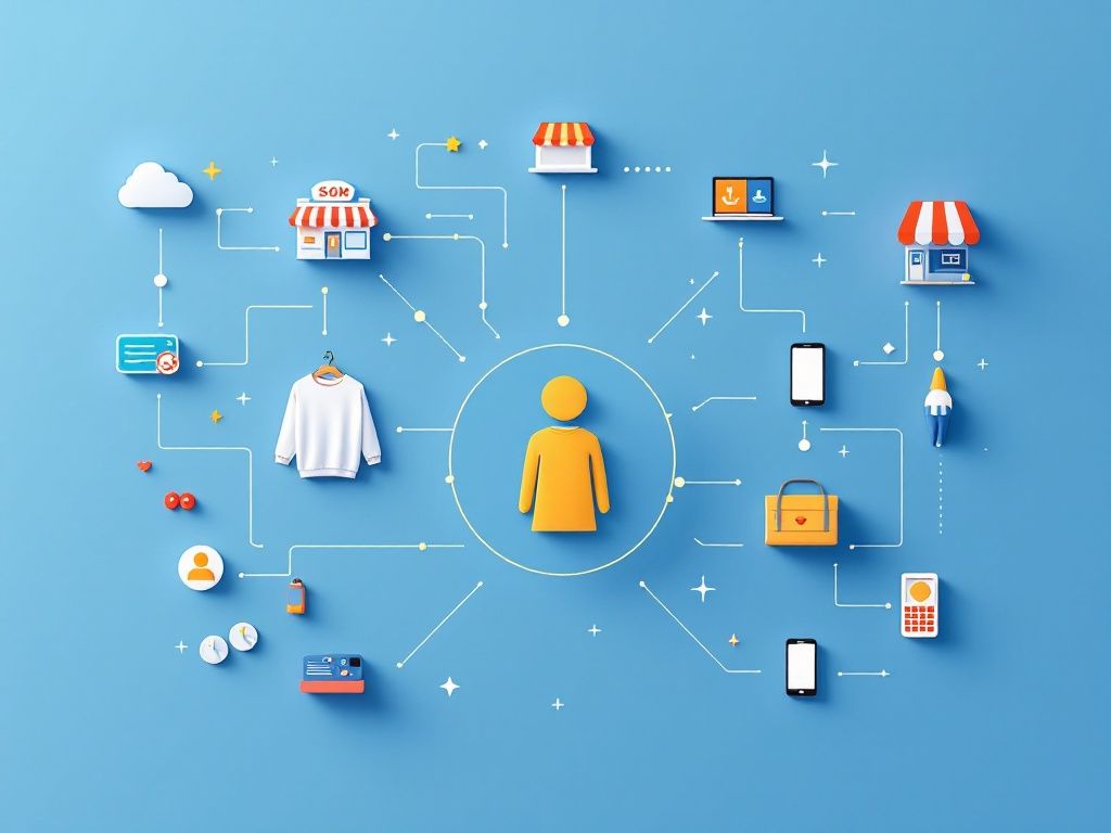 A photorealistic shot capturing a clean and modern diagram illustrating the concept of omnichannel retail in the context of children's clothing. The diagram should depict interconnected channels like online stores, physical stores, mobile apps, and social media, all leading to a central point representing the customer. The image should use simple icons and clear lines to show the seamless flow of shopping experience.
