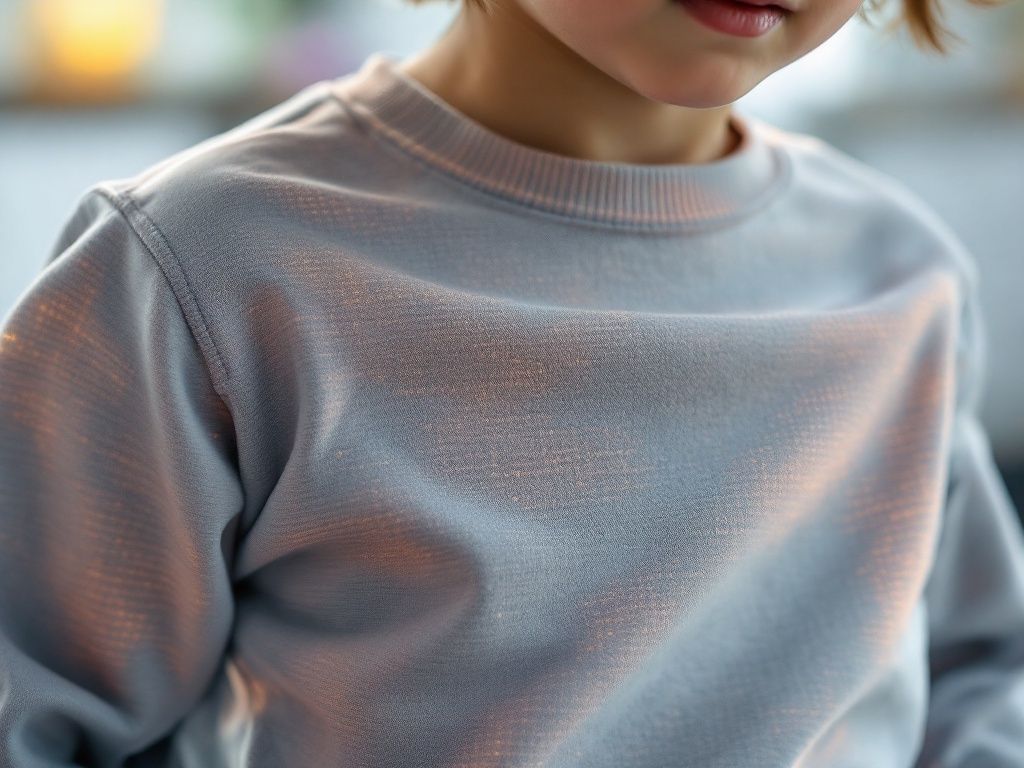 A photorealistic shot capturing a close-up of a child's shirt made with smart fabric, showcasing its ability to adapt to body temperature. The fabric is subtly textured and exhibits a gentle, gradient-like change in color or appearance to represent the temperature-regulating properties. The focus is on the fabric's technological innovation, with the background blurred to emphasize the shirt's material.