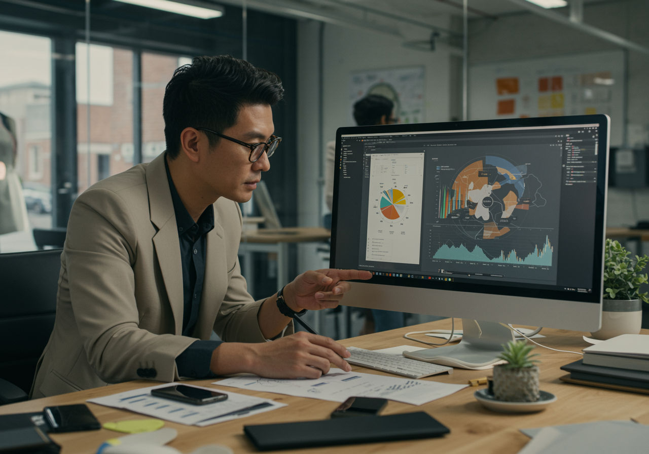 A photorealistic shot capturing a fashion brand executive making strategic decisions based on insights from a retail analytics platform, in a modern office.