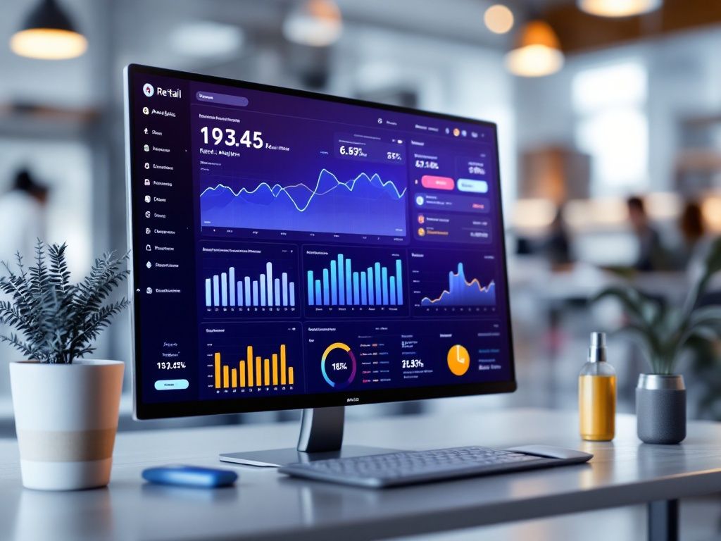 A photorealistic shot capturing a retail analytics dashboard displaying real-time sales data, highlighting trending products and customer behavior.