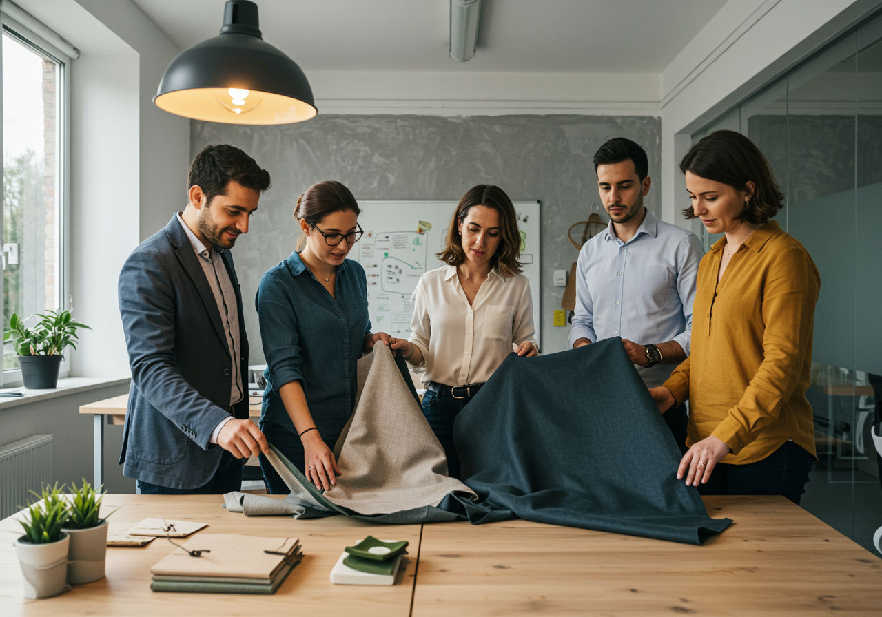 A photorealistic shot capturing a group of greek business partners reviewing sustainable clothing samples in a modern office, showcasing natural light and eco-friendly materials