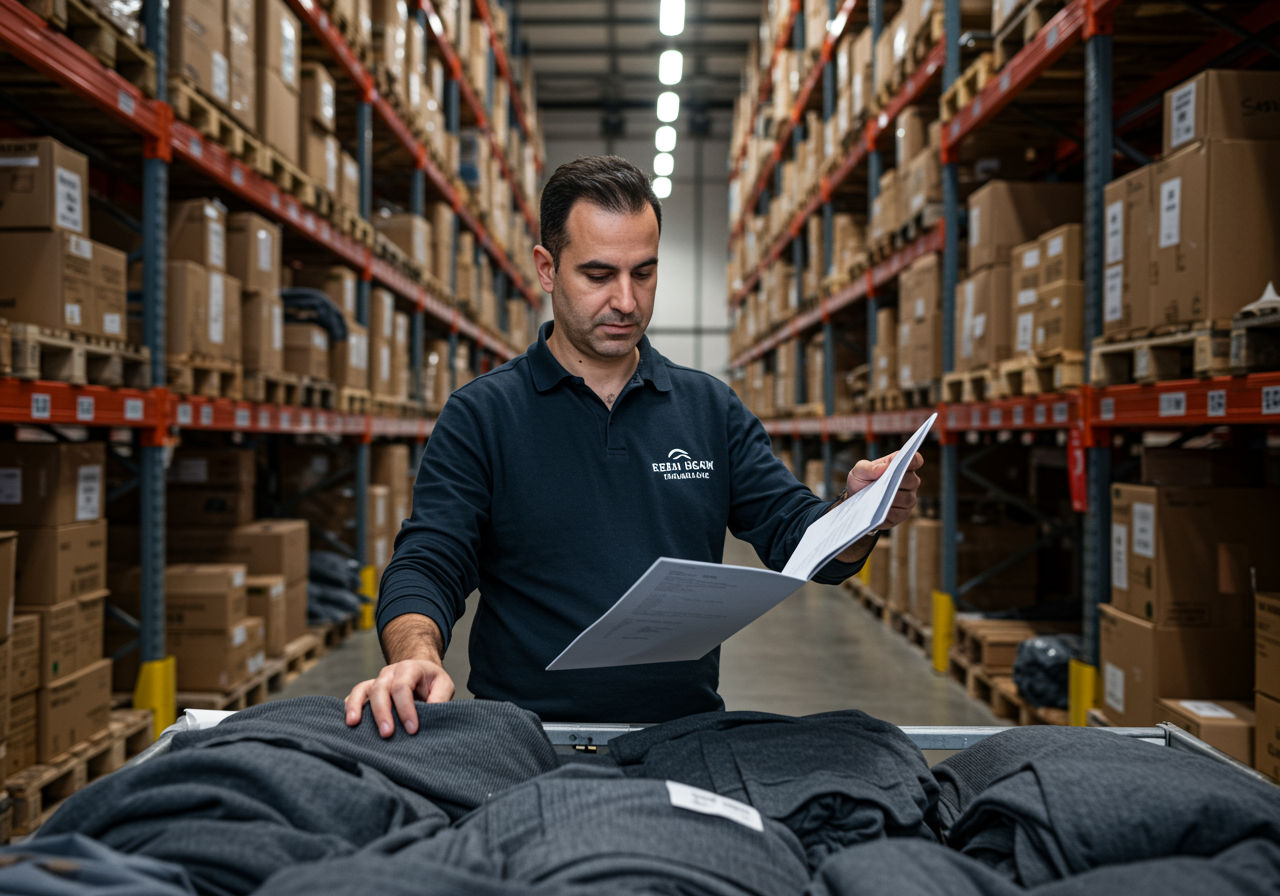 A photorealistic shot capturing a greek logistics professional inspecting sustainable clothing imports in a well-lit warehouse, checking for certifications and quality