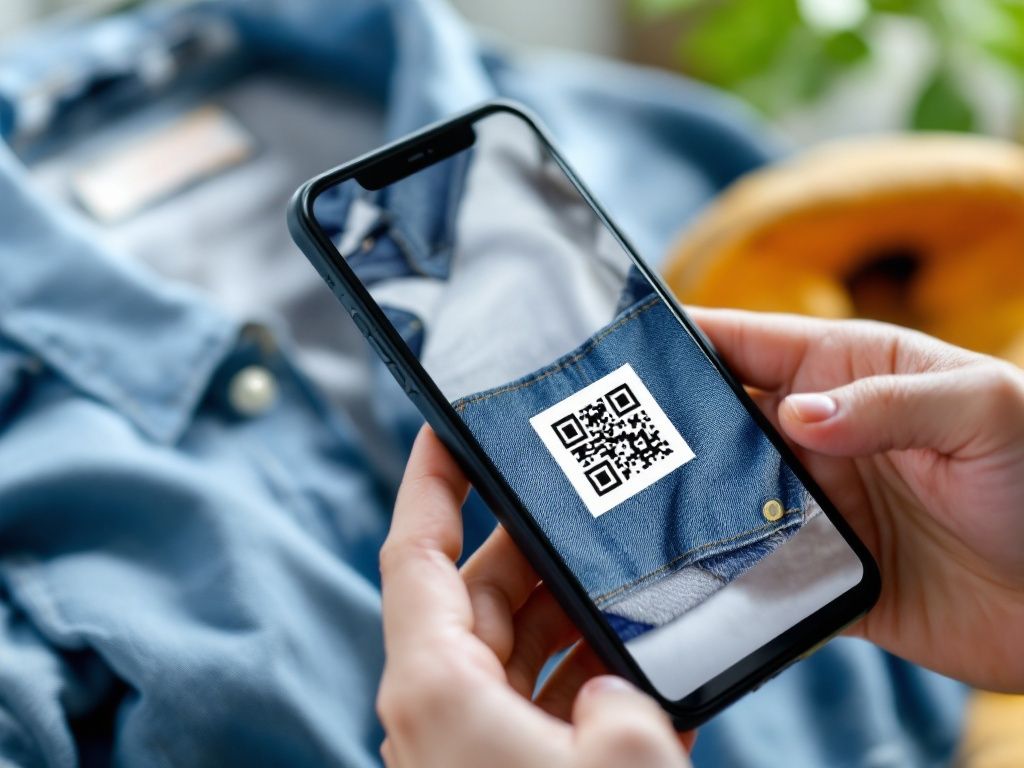 Smartphone scanning a QR code on a clothing label for authentication