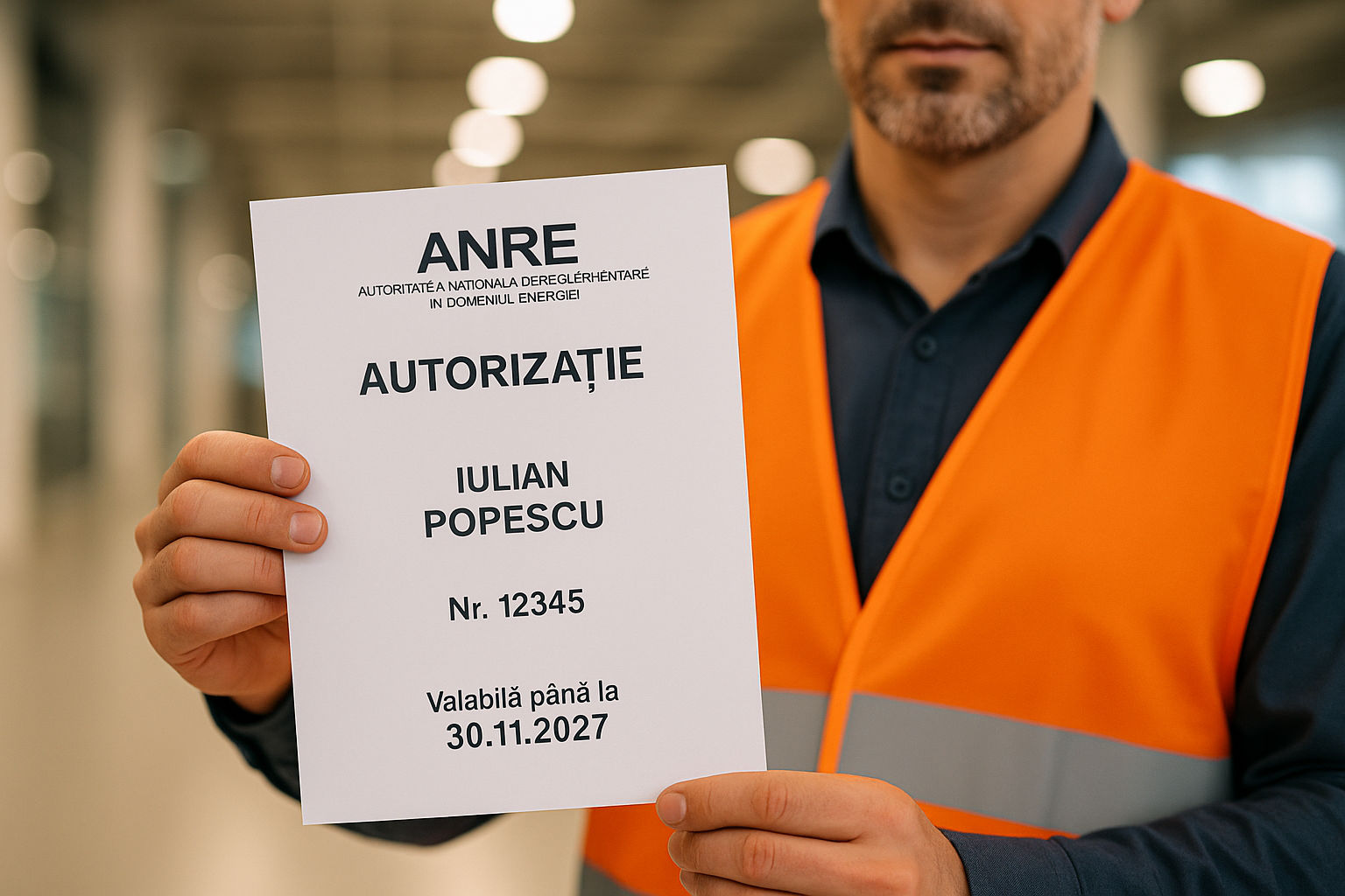A photorealistic shot capturing a close-up of an official ANRE (Autoritatea Națională de Reglementare în domeniul Energiei) authorization document held by a Romanian electrician. The electrician is wearing a safety vest in a well-lit commercial setting. The focus is on the document, highlighting details such as the ANRE logo, the electrician's name, authorization number, and expiration date. The overall scene conveys professionalism and regulatory compliance.