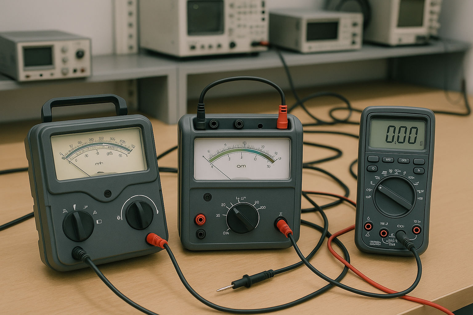 A photorealistic shot capturing various PRAM testing equipment (megohmmeter, telurometer, multimeter) neatly arranged on a workbench in a Romanian electrical testing lab. The scene should have a clean, organized appearance, with the equipment clearly visible and well-lit. The background should include other testing instruments and a sense of a professional environment, emphasizing precision and technical expertise.