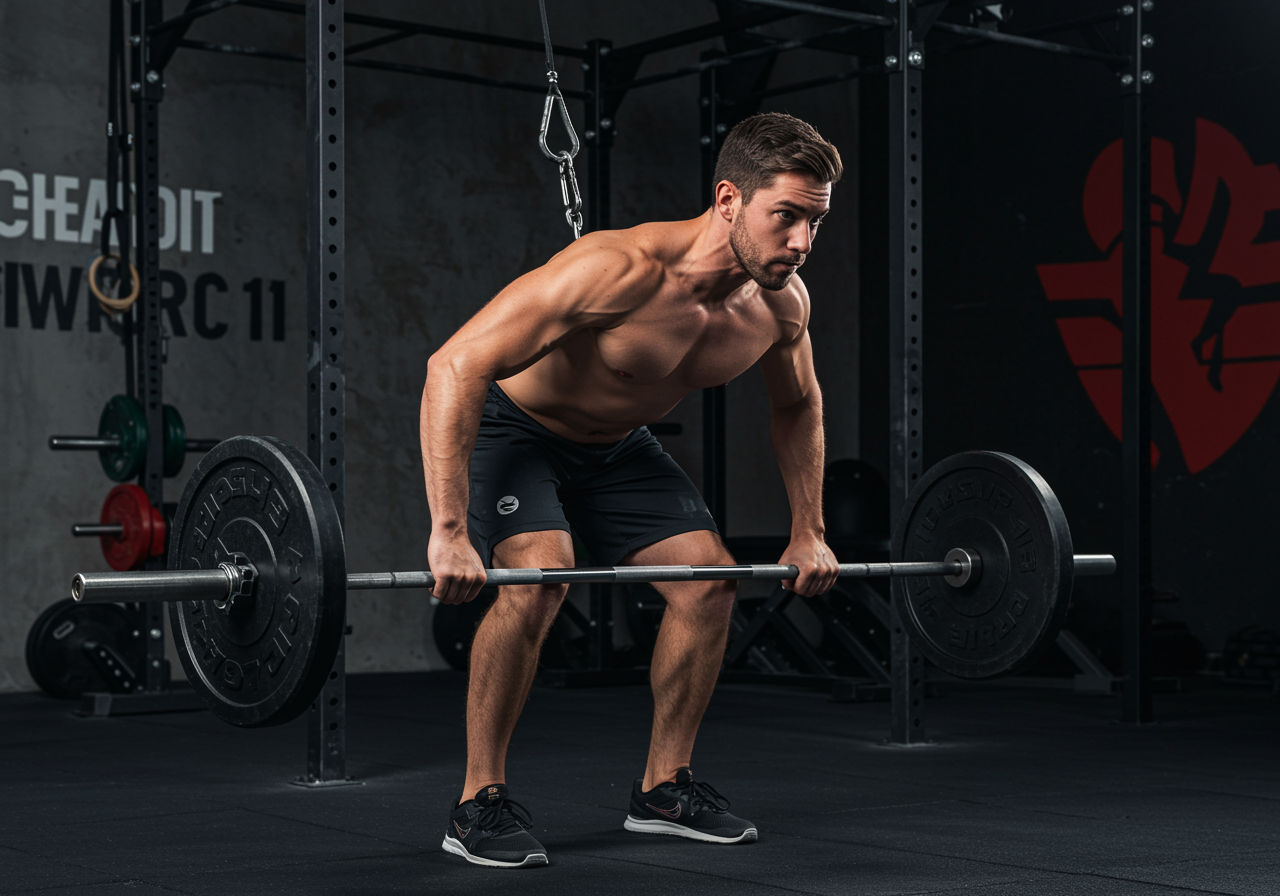 A photorealistic shot capturing a person performing a barbell row, emphasizing the correct form with a straight back and the bar being pulled towards the abdomen