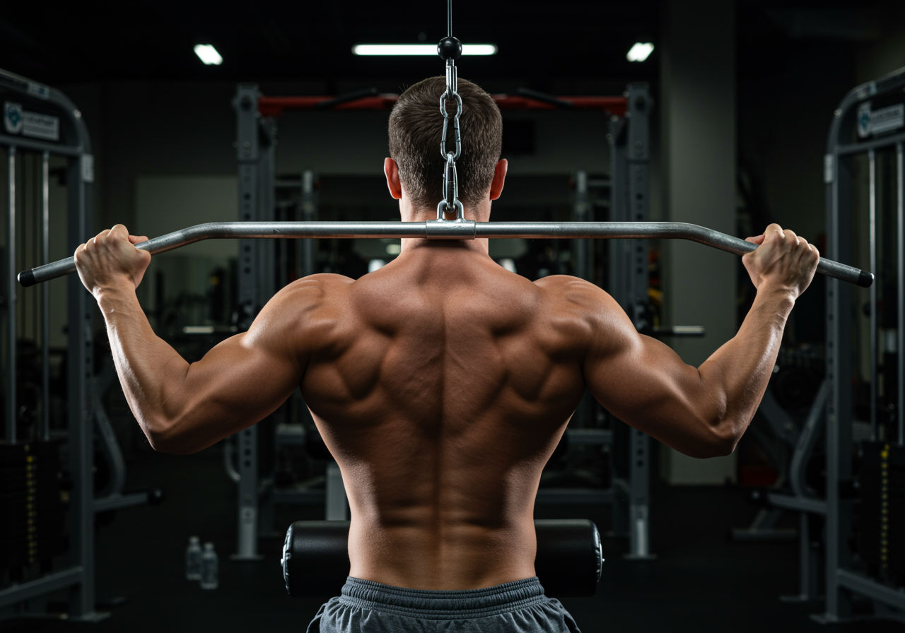 A photorealistic shot capturing a muscular back of a person performing a lat pulldown exercise, emphasizing the engagement of the latissimus dorsi muscles