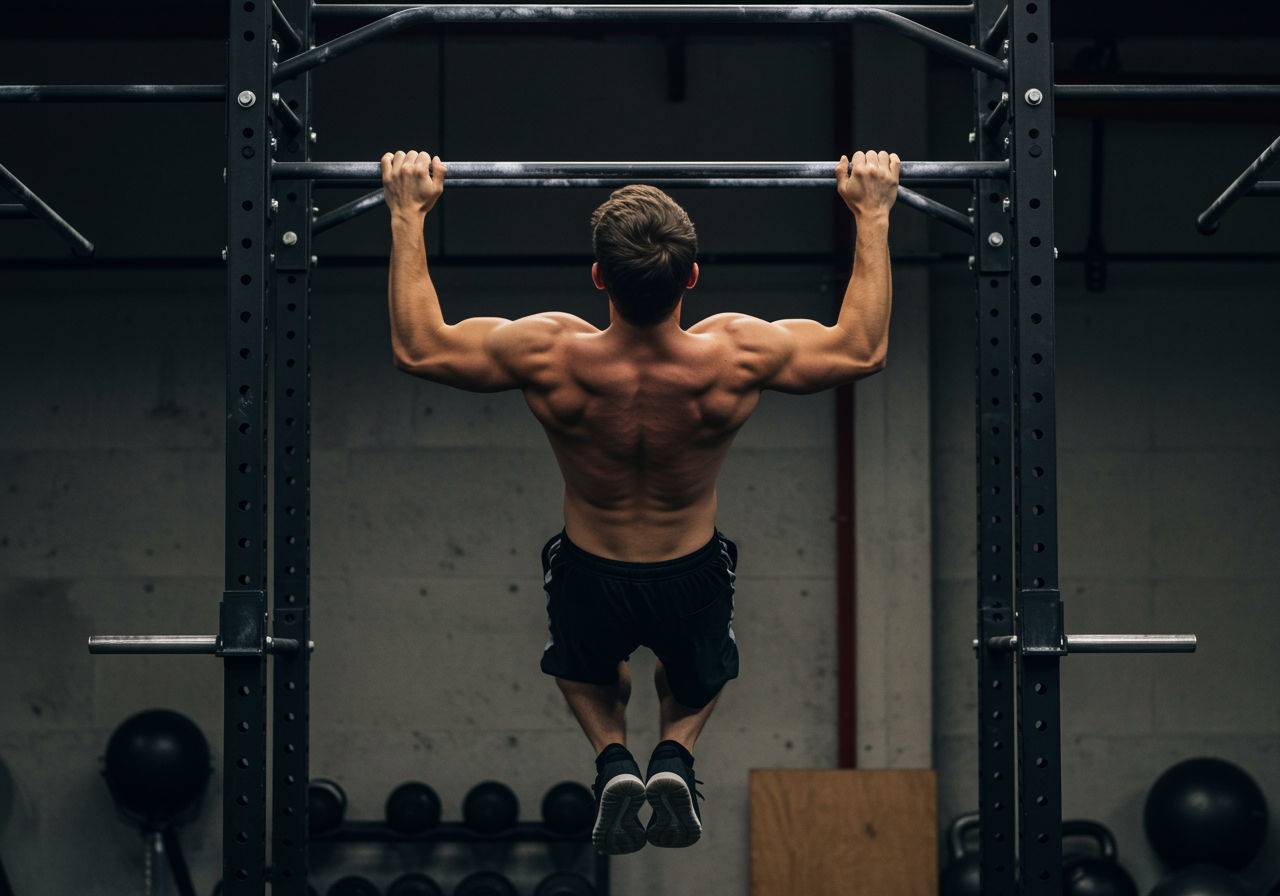A photorealistic shot capturing a person performing a wide-grip pull-up on a fixed bar, emphasizing the engagement of the back muscles