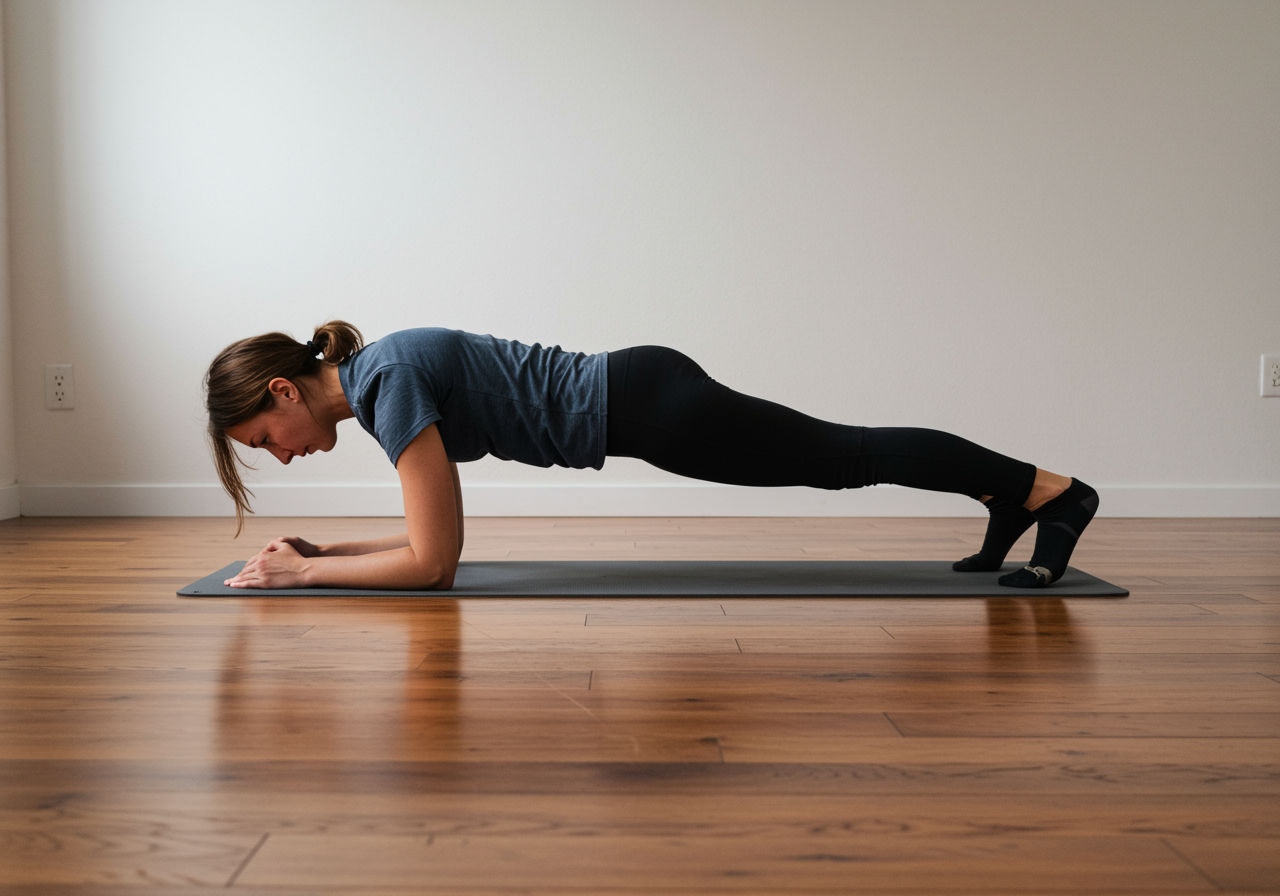 A photorealistic shot capturing a person performing a plank exercise on a yoga mat, emphasizing the straight body alignment from head to heels