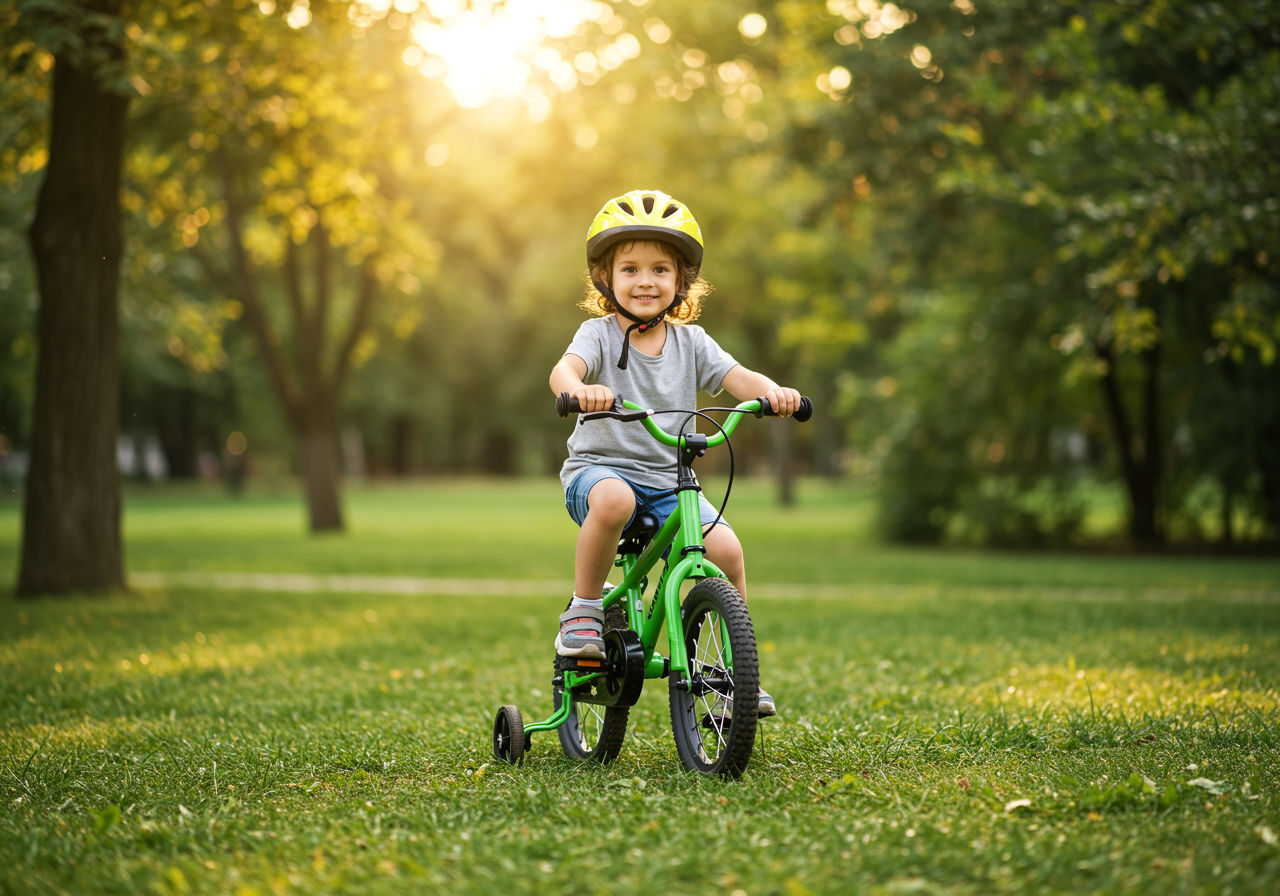 A photorealistic shot capturing a young Romanian child riding a perfectly sized bicycle, demonstrating proper posture and control