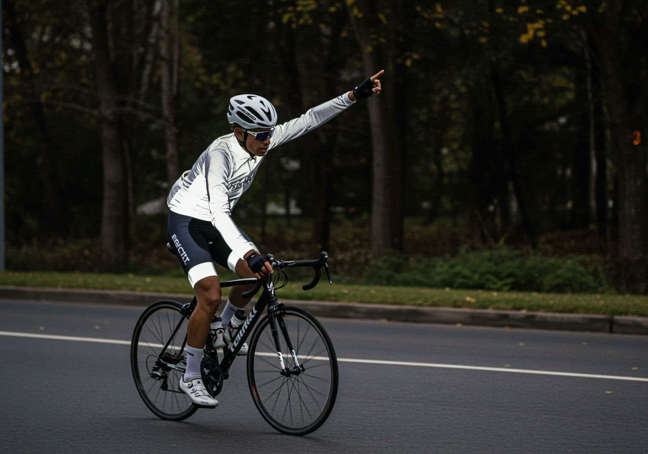 A photorealistic shot capturing a cyclist wearing reflective gear and helmet, signaling a turn with their arm extended, while riding on the right side of the road