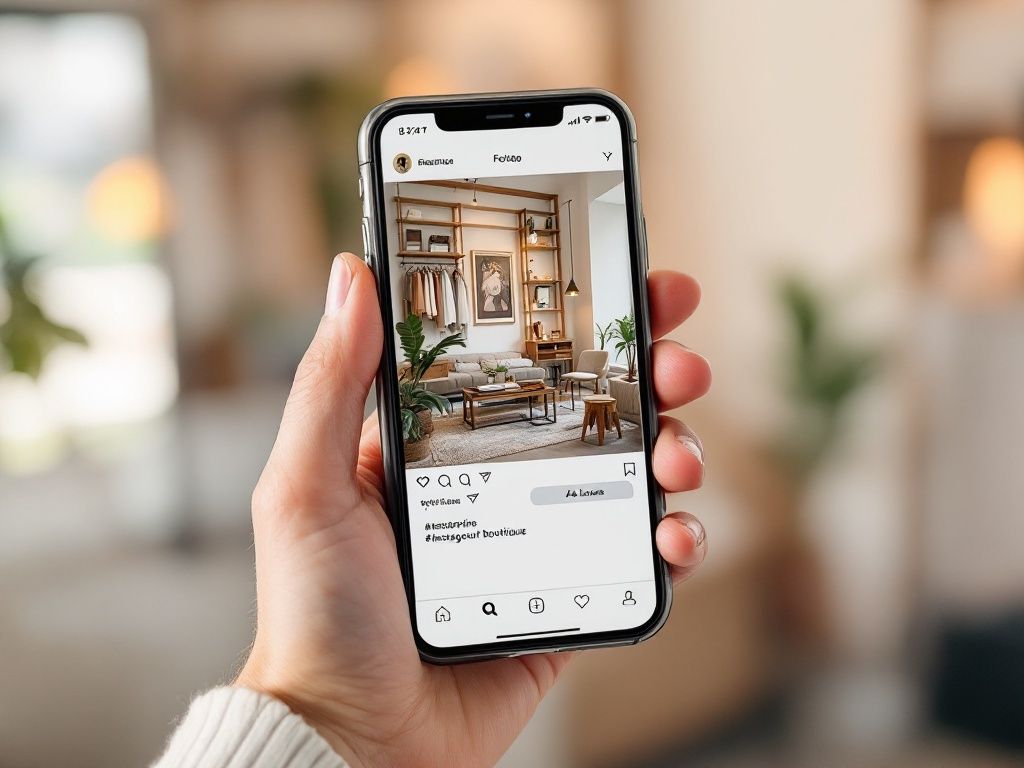 A photorealistic shot capturing a smartphone screen showing an Instagram post for a boutique with strategically placed hashtags and a location tag