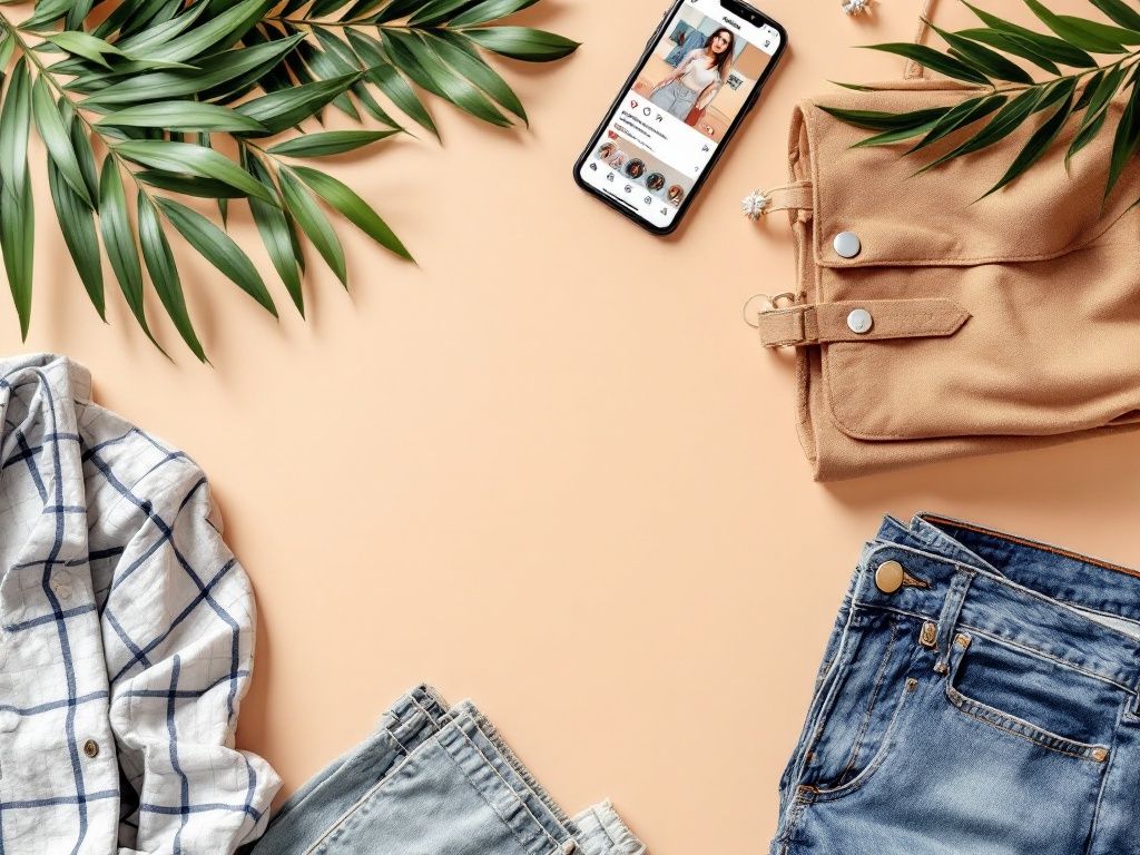 A photorealistic shot capturing a flat lay composition of trendy clothing items from a boutique, arranged aesthetically on a plain background, with a smartphone showing the Instagram app in the corner