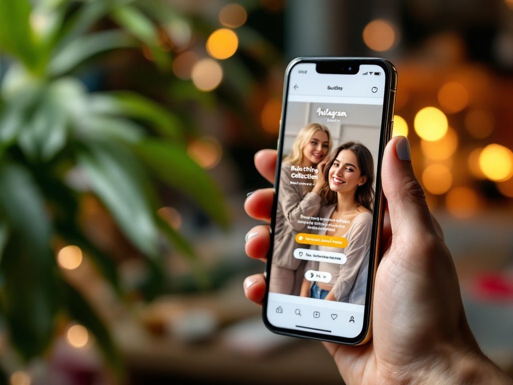A photorealistic shot capturing a smartphone screen showing an Instagram Story for a boutique, featuring a new clothing collection with interactive elements like polls or quizzes