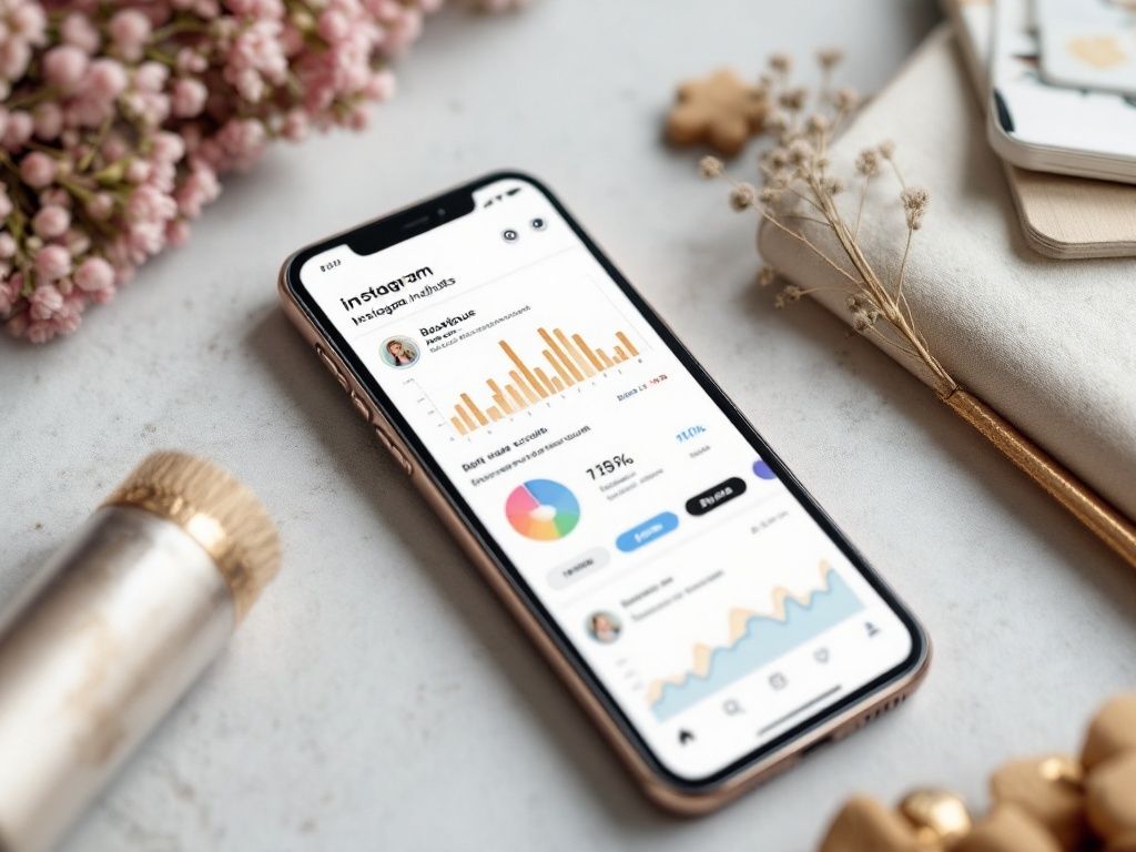A photorealistic shot capturing a smartphone screen showing Instagram Insights for a boutique account, with graphs and metrics visible