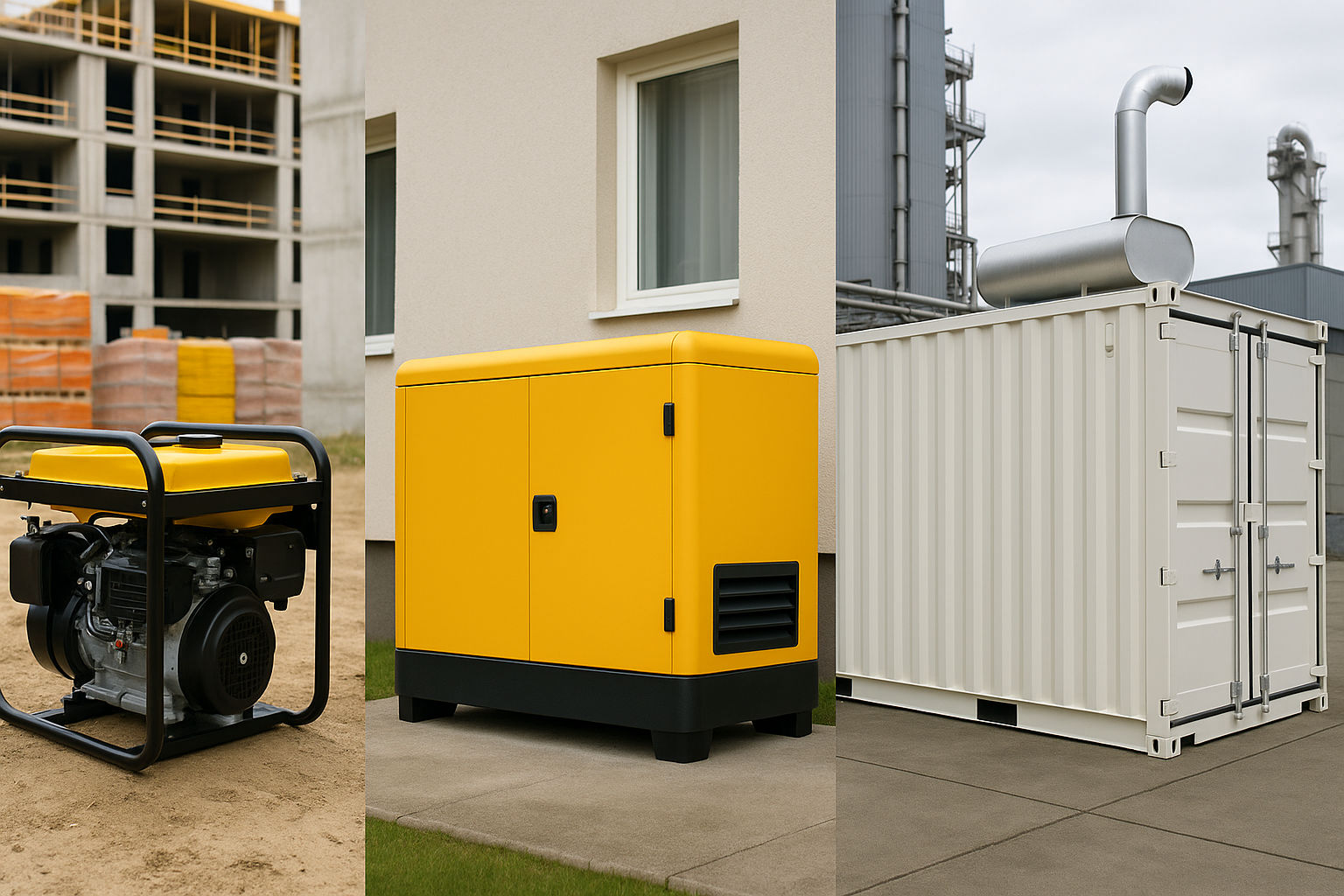 A photorealistic comparison of three generator enclosure types side by side. The first shows an open frame generator with visible components, the second displays a soundproof enclosed generator with sleek design, and the third presents a large containerized generator. Each type is shown in its typical operating environment - the open frame on a construction site, the enclosed unit near a residential building, and the containerized version in an industrial setting. The image emphasizes the size, design, and application differences between the three types.