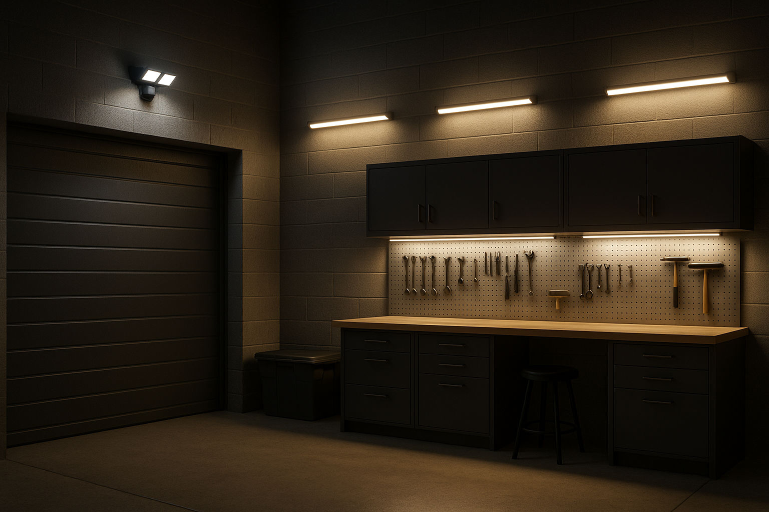 A photorealistic shot capturing a modern garage lighting setup, showcasing layered lighting techniques with perimeter wall-mounted lights, under-cabinet LED strips illuminating a workbench, and an outdoor motion sensor light, effectively combining general, task, and accent lighting for a functional and aesthetically pleasing space.