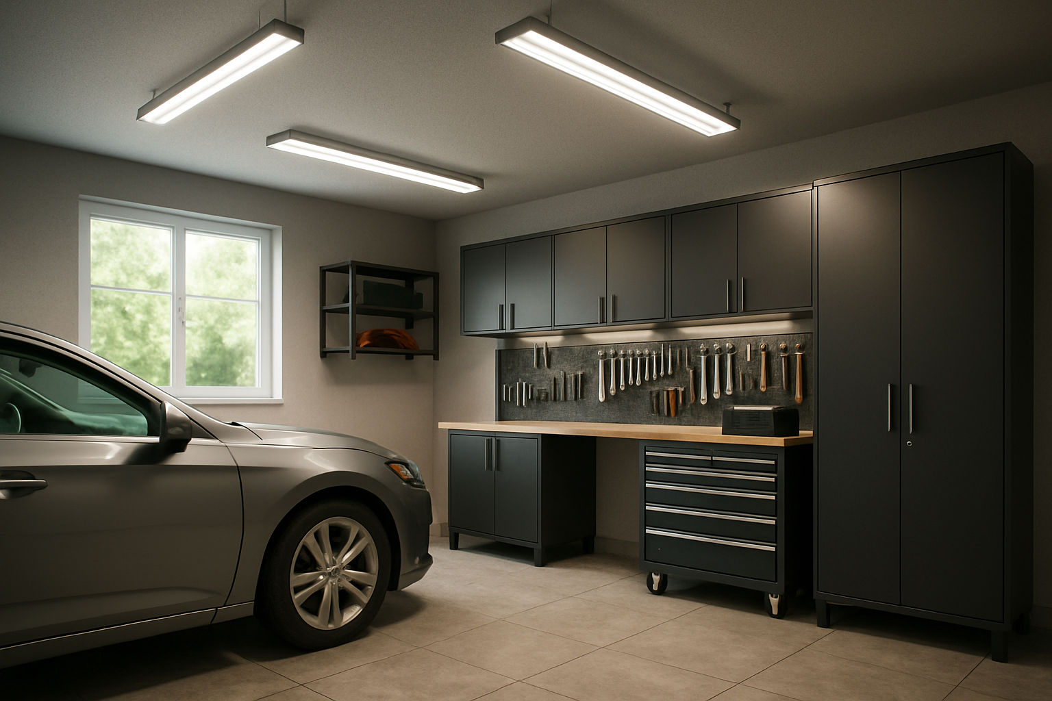 A photorealistic shot capturing a modern, well-lit garage interior during daytime, showcasing a parked car, tool storage, and overhead LED lighting fixtures, depicting a safe and functional space with good visibility, soft natural light entering through a window, and an organized layout.