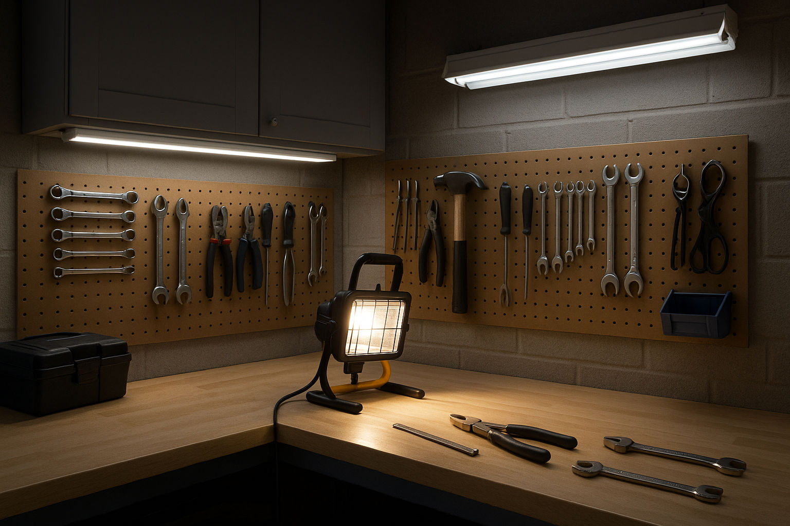 A well-lit workbench in a garage, showcasing various lighting types: LED strip lights under cabinets, a focused halogen work light, and a fluorescent overhead fixture, highlighting their distinct illumination qualities and practical applications for detailed tasks and general garage lighting, organized tools, and a clean workspace.