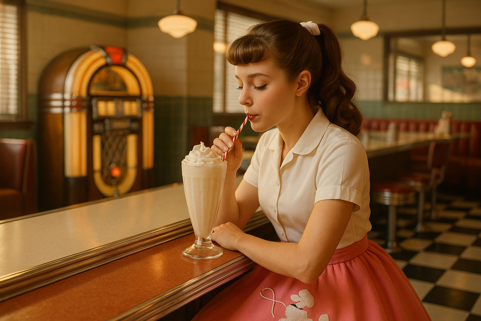 A photorealistic shot capturing a classic diner scene in 1950s America with a young woman in a poodle skirt sipping a milkshake at the counter, a vintage jukebox in the background, chrome accents and checkered floor creating a nostalgic atmosphere, soft, warm lighting highlighting the creamy texture of the milkshake, capturing the essence of the era with authentic details.