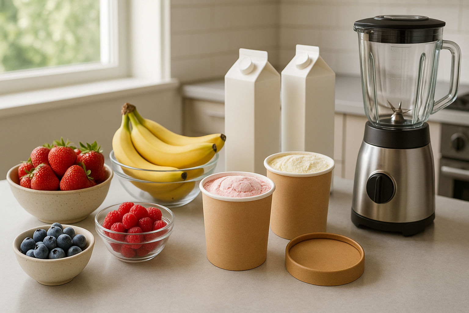 A photorealistic shot capturing a modern kitchen setup with various ingredients for making milkshakes: fresh fruits, ice cream tubs, milk cartons, and a blender, arranged artfully on a clean countertop with natural light streaming through a window, emphasizing the vibrant colors and textures of the ingredients, styled for a cooking tutorial blog.