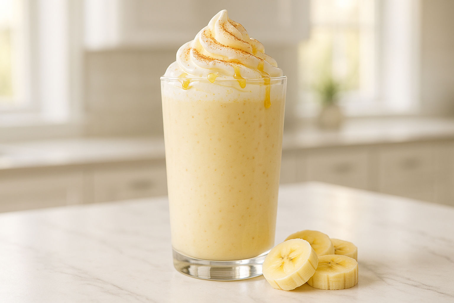 A photorealistic shot capturing a tall glass of banana milkshake with whipped cream and a drizzle of honey, slices of banana arranged around the base of the glass, a light dusting of cinnamon on top, set against a bright, airy kitchen background with natural light highlighting the creamy texture and golden hues of the banana, styled for a modern food blog.