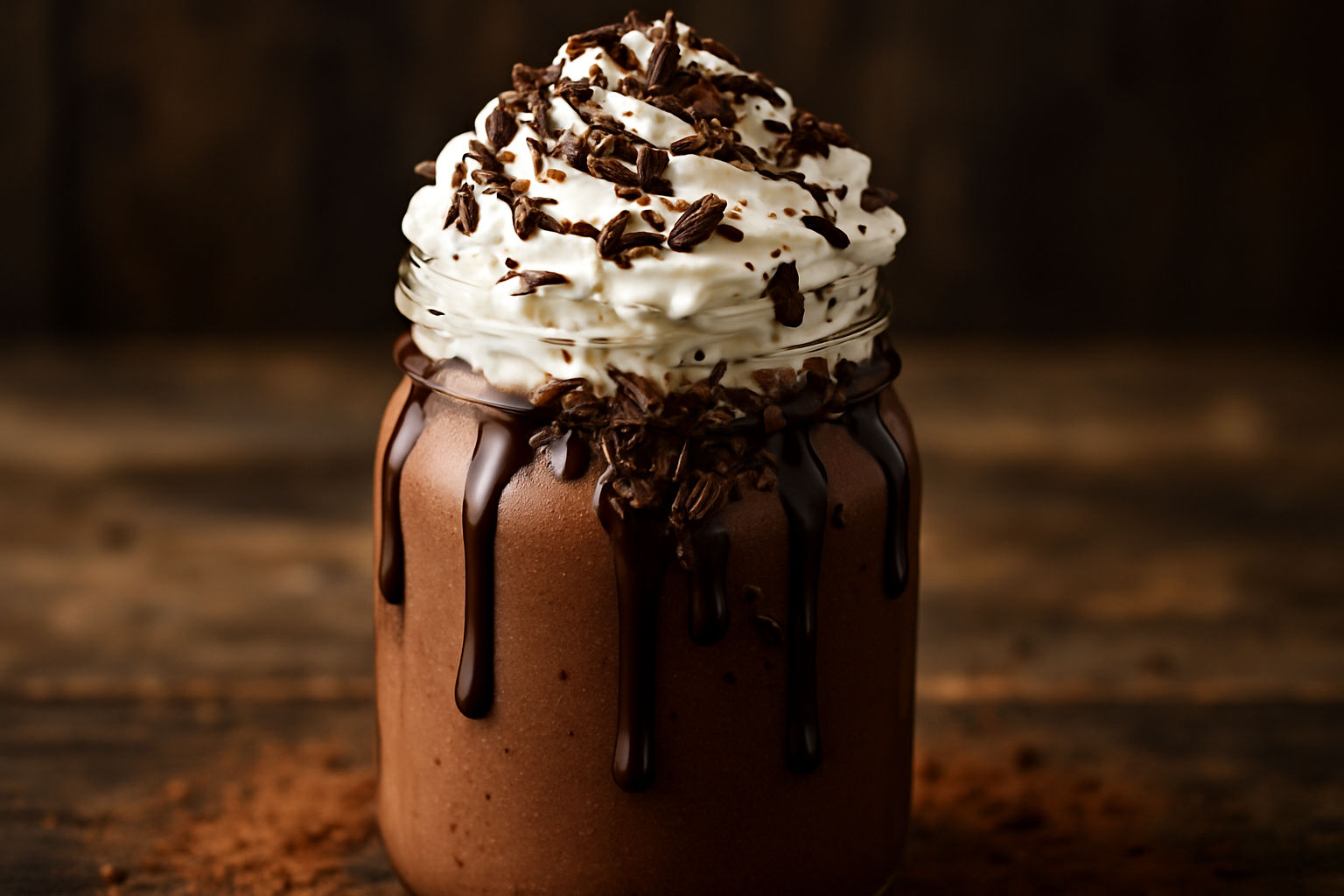 A photorealistic close-up shot of a decadent chocolate milkshake overflowing with whipped cream, chocolate shavings, and a drizzle of chocolate syrup, placed on a rustic wooden table with scattered cocoa powder, soft, diffused lighting highlighting the rich, dark color and creamy texture of the milkshake, styled for a gourmet dessert presentation.
