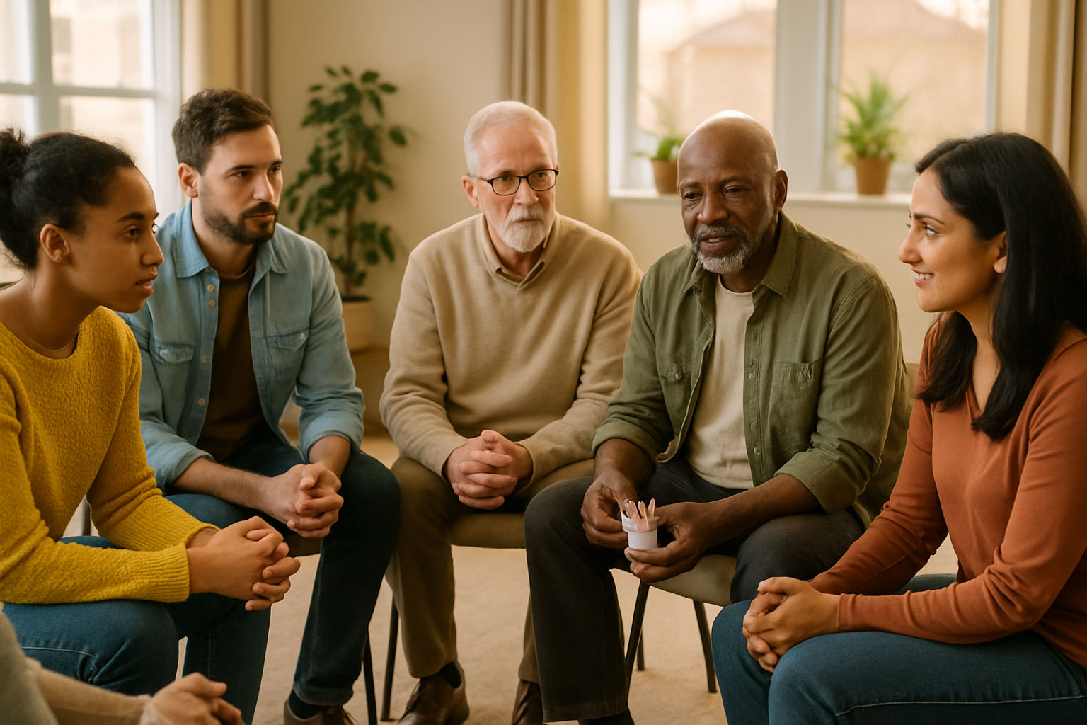 A photorealistic shot capturing a support group meeting for people quitting smoking, showing diverse individuals sitting in a circle, actively listening and sharing their experiences, set in a brightly lit, comfortable room, emphasis on community and support, with warm and encouraging lighting, highlighting the importance of social connections in recovery.