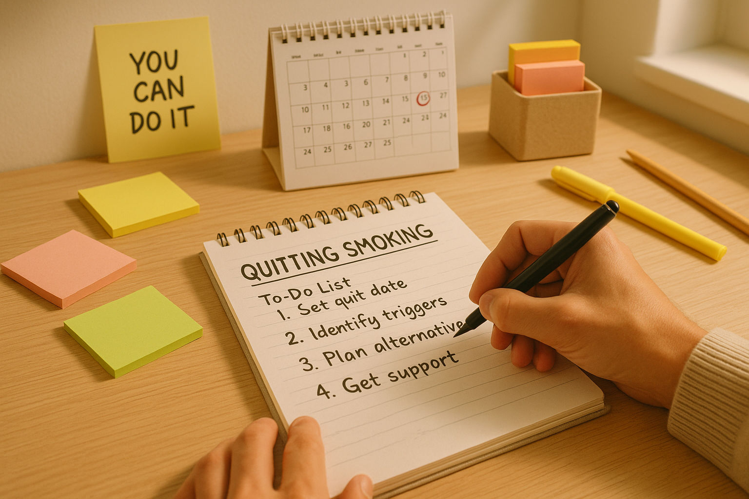 A photorealistic shot capturing a person creating a detailed to-do list for quitting smoking on a bright, organized desk with colorful sticky notes, a calendar marking the quit date, and a motivational quote visible in the background, emphasizing planning and preparation, warm and inviting lighting with a focus on the organized workspace.