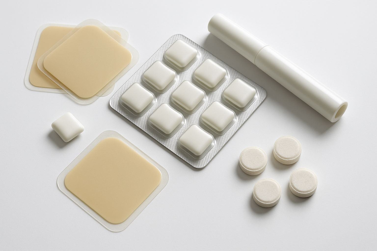 A photorealistic shot capturing an assortment of nicotine replacement therapy products laid out on a clean white surface, including nicotine patches, gum, inhaler, and lozenges, each product clearly visible and distinctly presented, emphasis on medical assistance, bright and clinical lighting, promoting solutions to quit smoking, shot from a high angle to show all options.