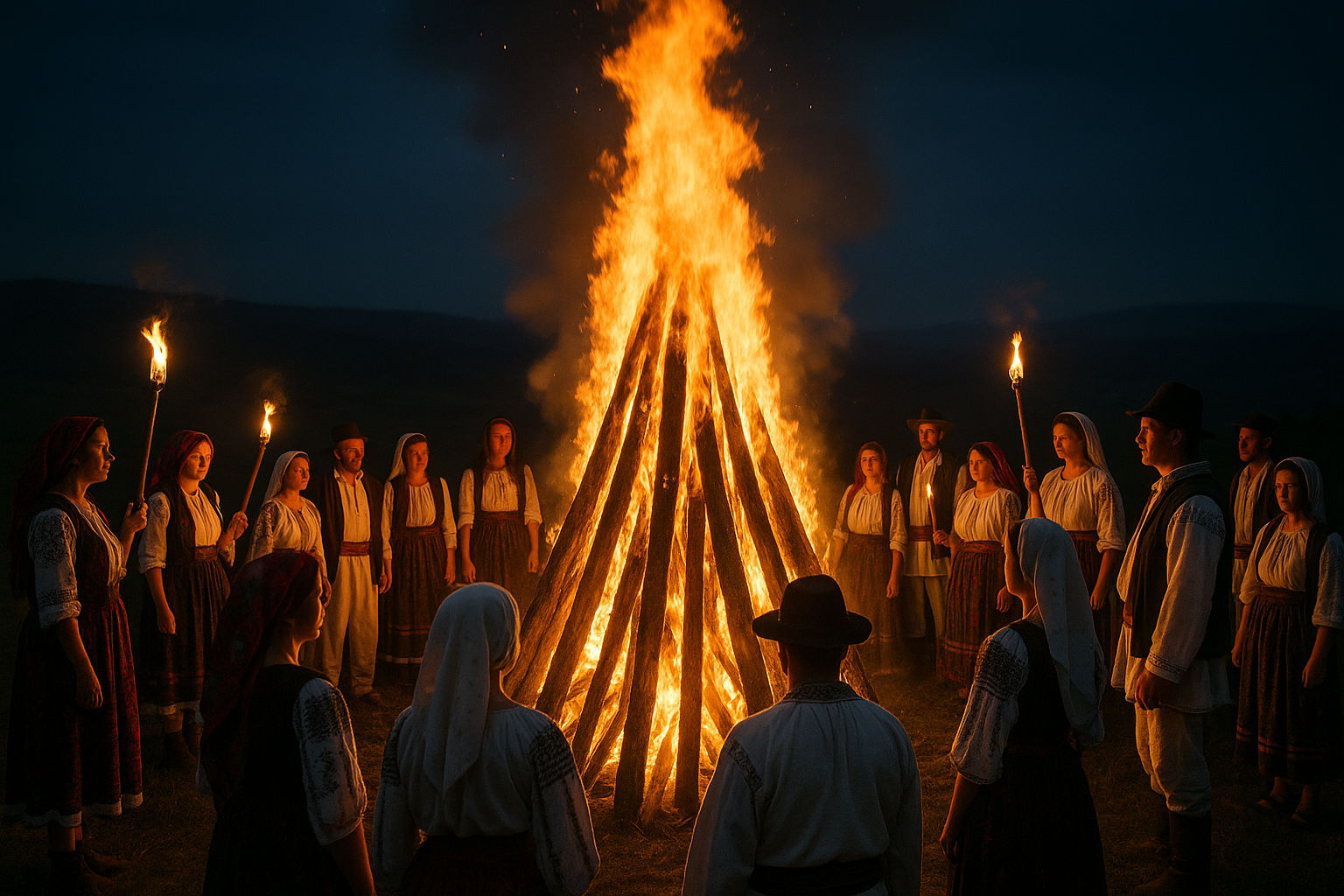 A photorealistic shot capturing a group of Romanian villagers gathered around a large bonfire on a hilltop during the Sânziene night, flames reaching high into the dark sky, people dressed in traditional clothing, some holding torches, faces illuminated by the firelight, creating a sense of community and ancient ritual, showcasing the vibrant traditions of rural Romania.