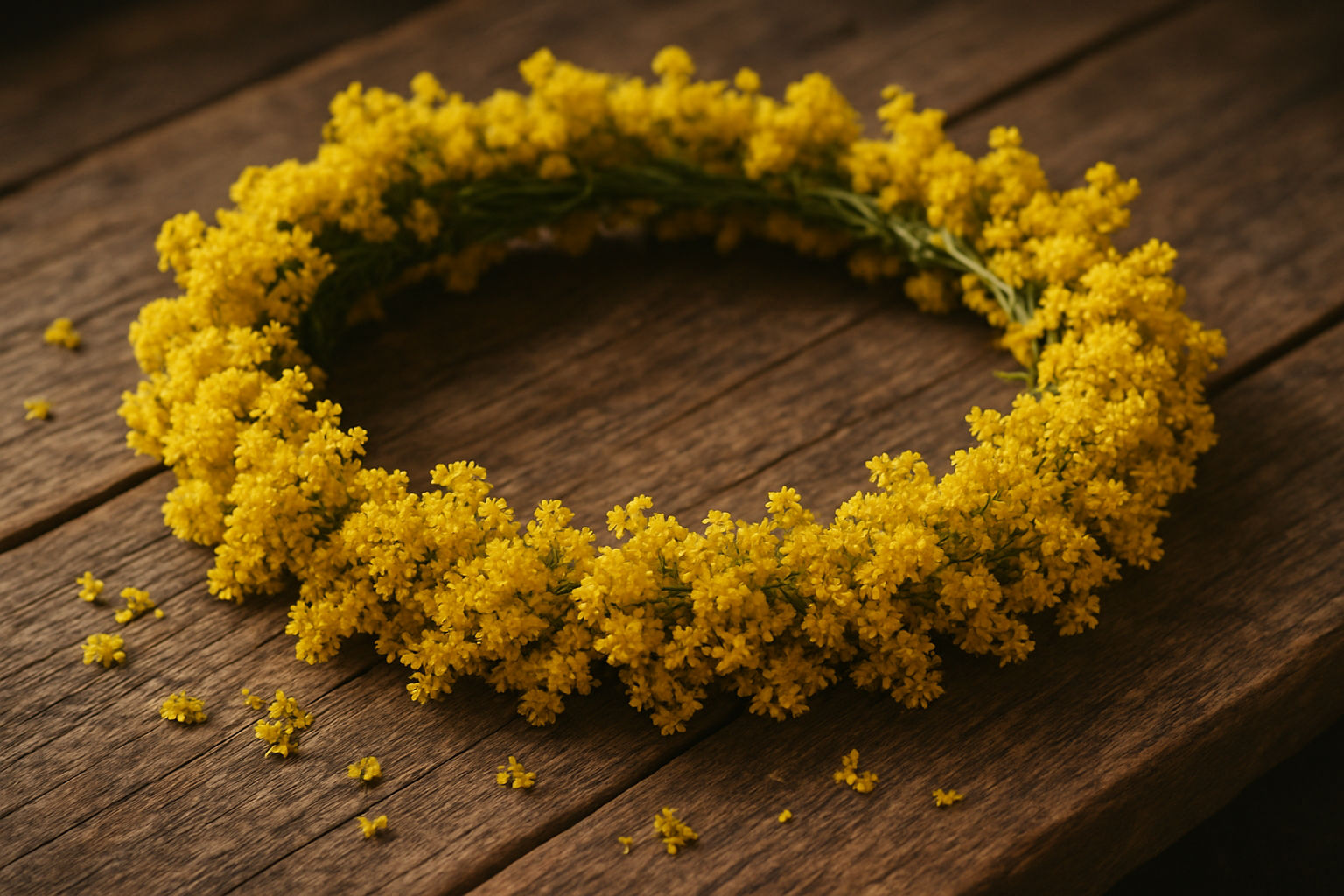 A close-up photorealistic shot of a traditional Romanian Sânziene flower crown made of vibrant yellow Galium verum flowers, intricately woven together, placed on a rustic wooden table with scattered petals around it, soft natural lighting highlighting the texture and details of the flowers, creating a warm and inviting atmosphere, embodying the essence of Romanian folklore.