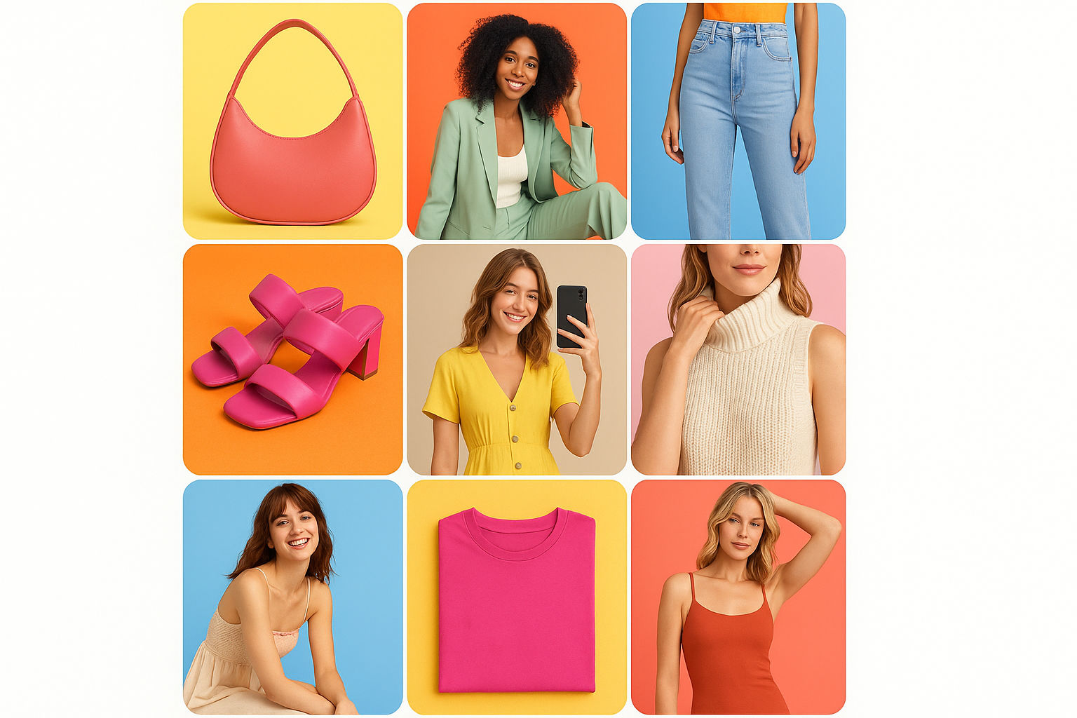 A vibrant social media feed showcasing fashion products with eye-catching visuals and engaging content. The layout features product images, influencer collaborations, user-generated content, and promotional posts. The design should be optimized for mobile viewing and highlight key elements such as product details, prices, and call-to-action buttons, encouraging viewers to make a purchase.