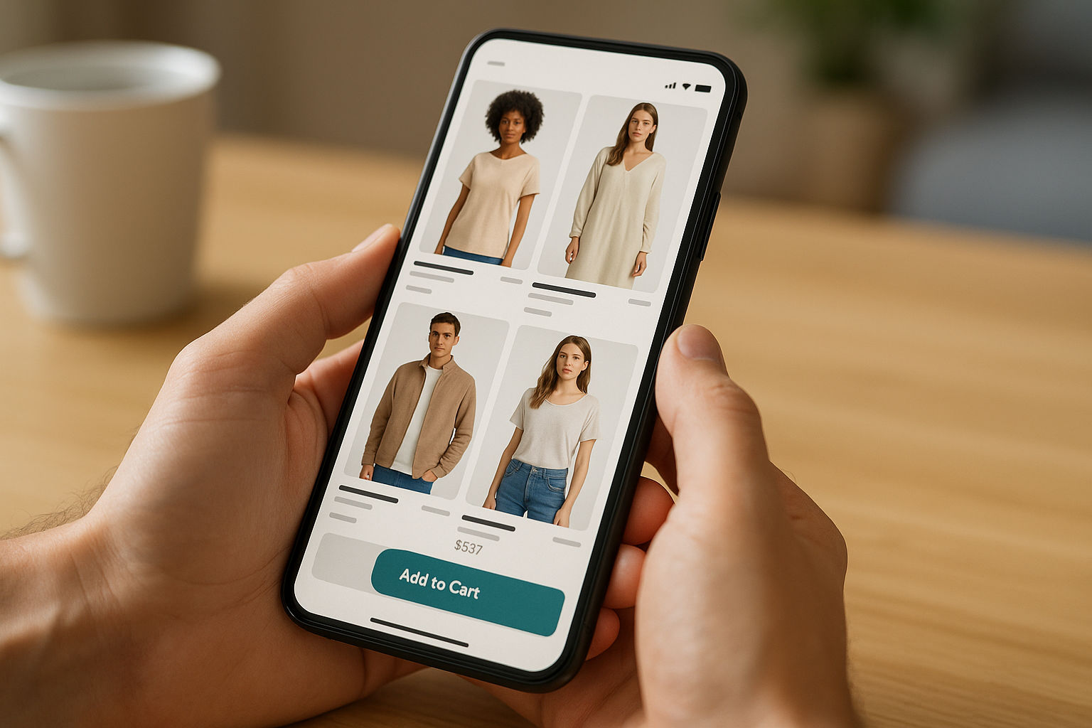 A person using a mobile phone to browse an e-commerce website with a clean and responsive design. The website displays clothing items with high-quality images and clear product descriptions. The user interface is intuitive, featuring easy navigation, prominent call-to-action buttons, and a seamless checkout process. The focus is on showcasing the user's positive mobile shopping experience.