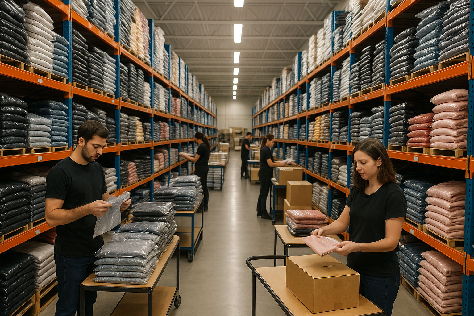 A well-organized clothing warehouse interior with shelves stacked high with various garments. The lighting is bright and efficient, showcasing the logistics of wholesale clothing distribution. Workers are seen carefully inspecting and preparing orders for shipment, emphasizing the importance of quality control and efficient supply chain management for an e-commerce fashion business.