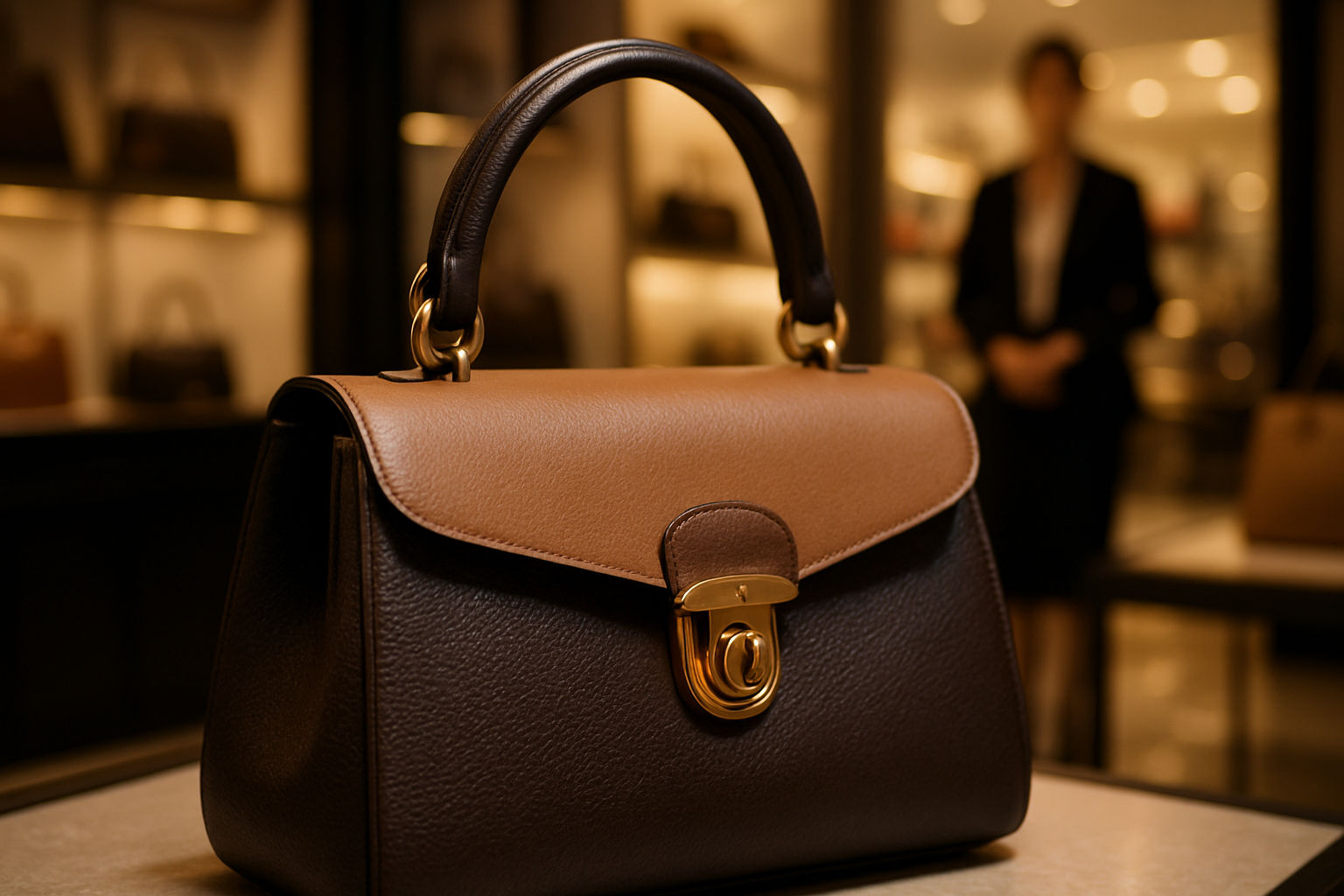 A photorealistic shot capturing a close-up of a designer handbag in a high-end boutique, showcasing its luxurious materials and craftsmanship. The lighting is soft and elegant, highlighting the details of the bag. A blurred background shows other luxury items and attentive store staff.