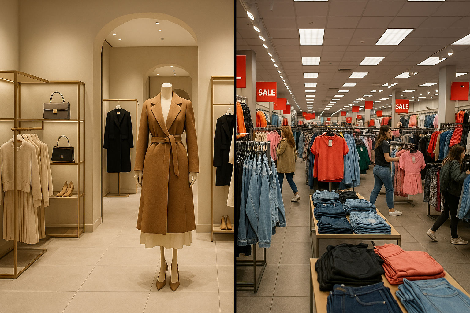 A photorealistic shot capturing a split image showing a luxury boutique on one side and a fast-fashion store on the other. The luxury side features elegant displays with high-end clothing and accessories, while the fast-fashion side is bustling with trendy items and sale signs. Highlighting value based pricing.