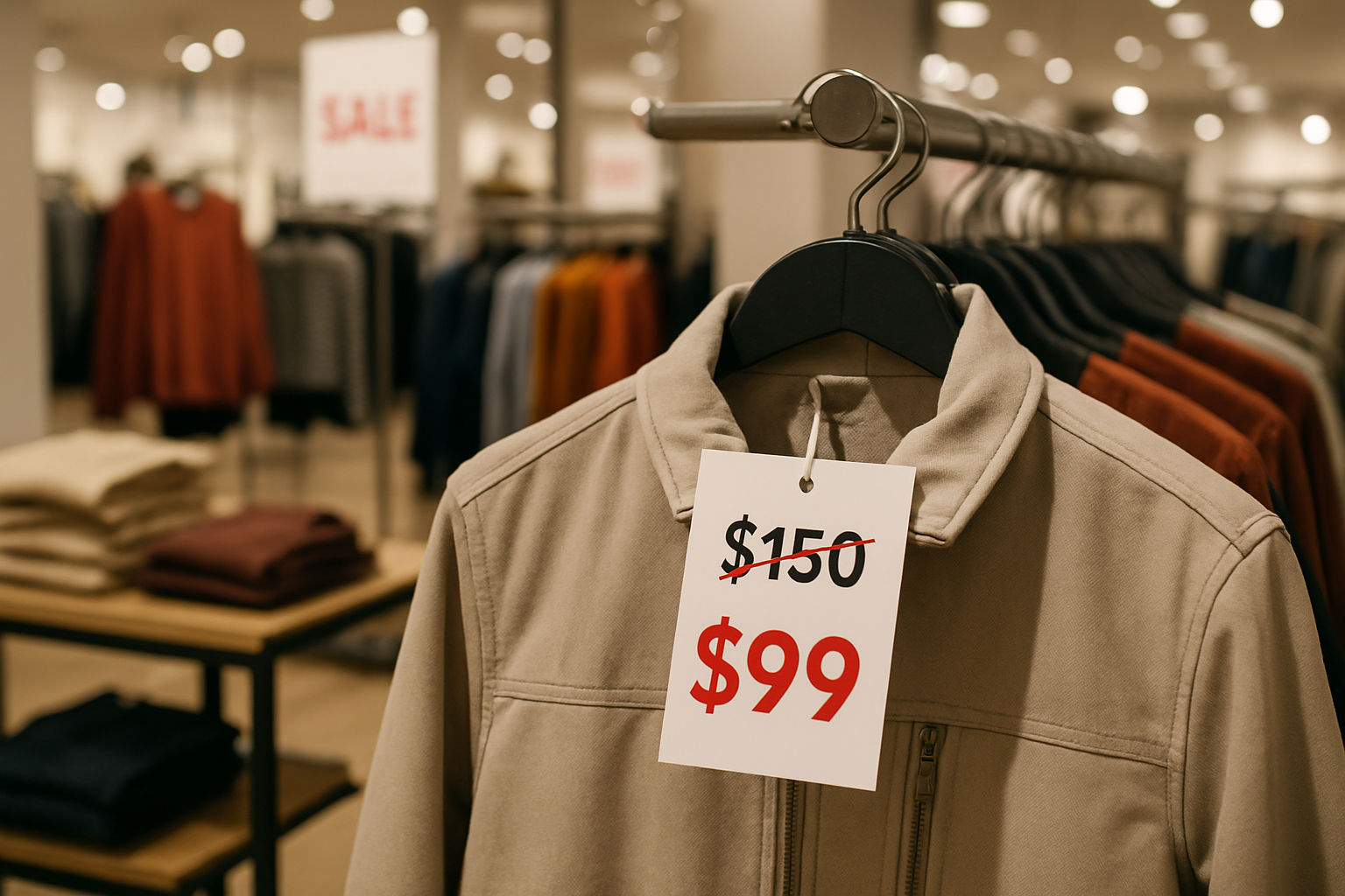A photorealistic shot capturing a sale display in a clothing store, showing a jacket with a crossed-out original price of $150 and a current price of $99. The display is well-lit and features other sale items in the background. Focus on the crossed-out price tag emphasizes the anchor pricing technique.