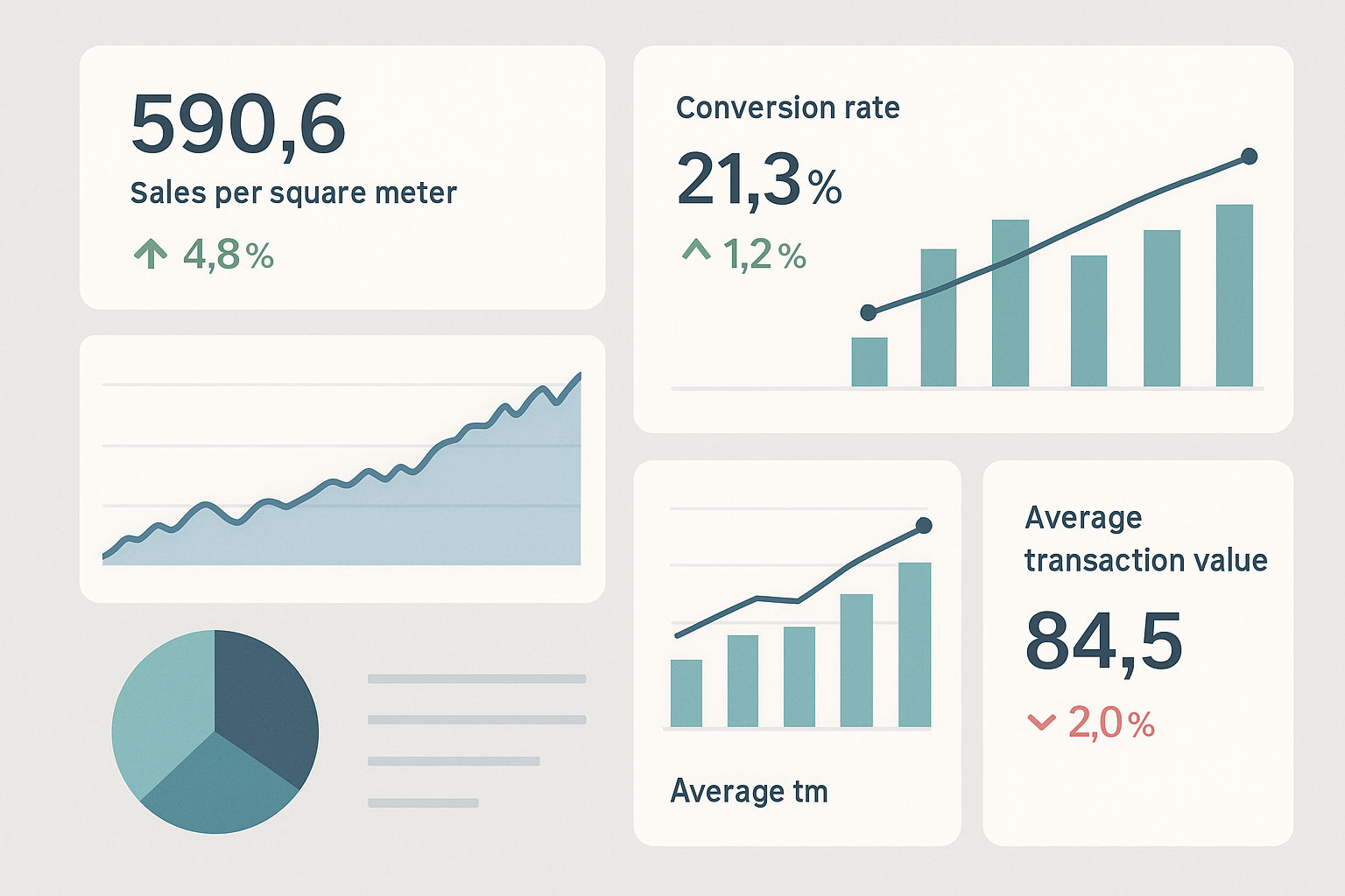 A retail analytics dashboard displaying key performance indicators (KPIs) for a boutique. The dashboard tracks sales per square meter, conversion rates, and average transaction value. Data visualizations include charts and graphs showing trends and performance metrics, aiding in merchandising optimization and strategic decision-making.