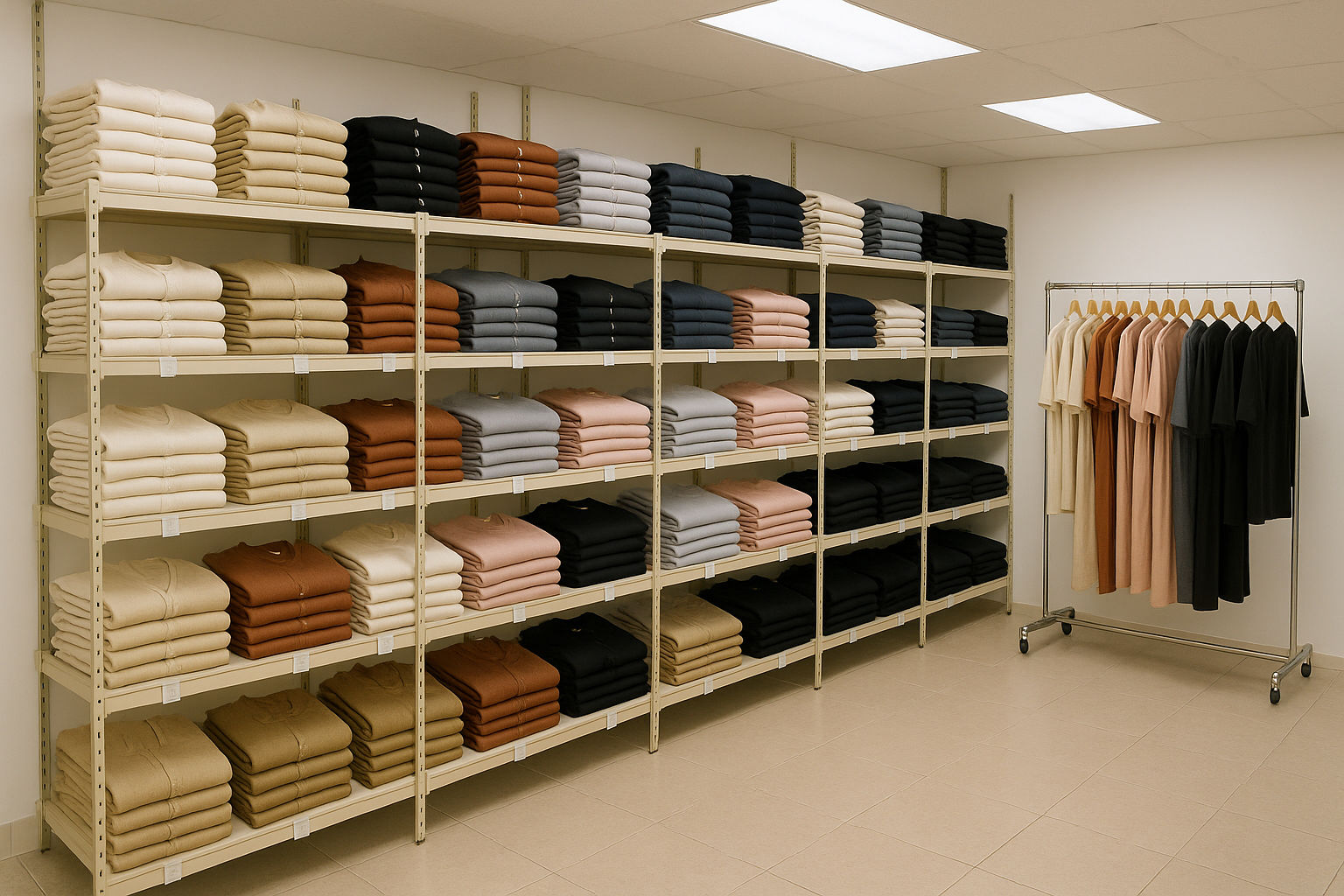A well-organized boutique stockroom featuring neatly arranged shelves with clothing items sorted by size and color. The inventory management system ensures efficient order fulfillment and restocking, supporting the boutique's merchandising efforts. Bright lighting and clear labeling enhance the functionality.