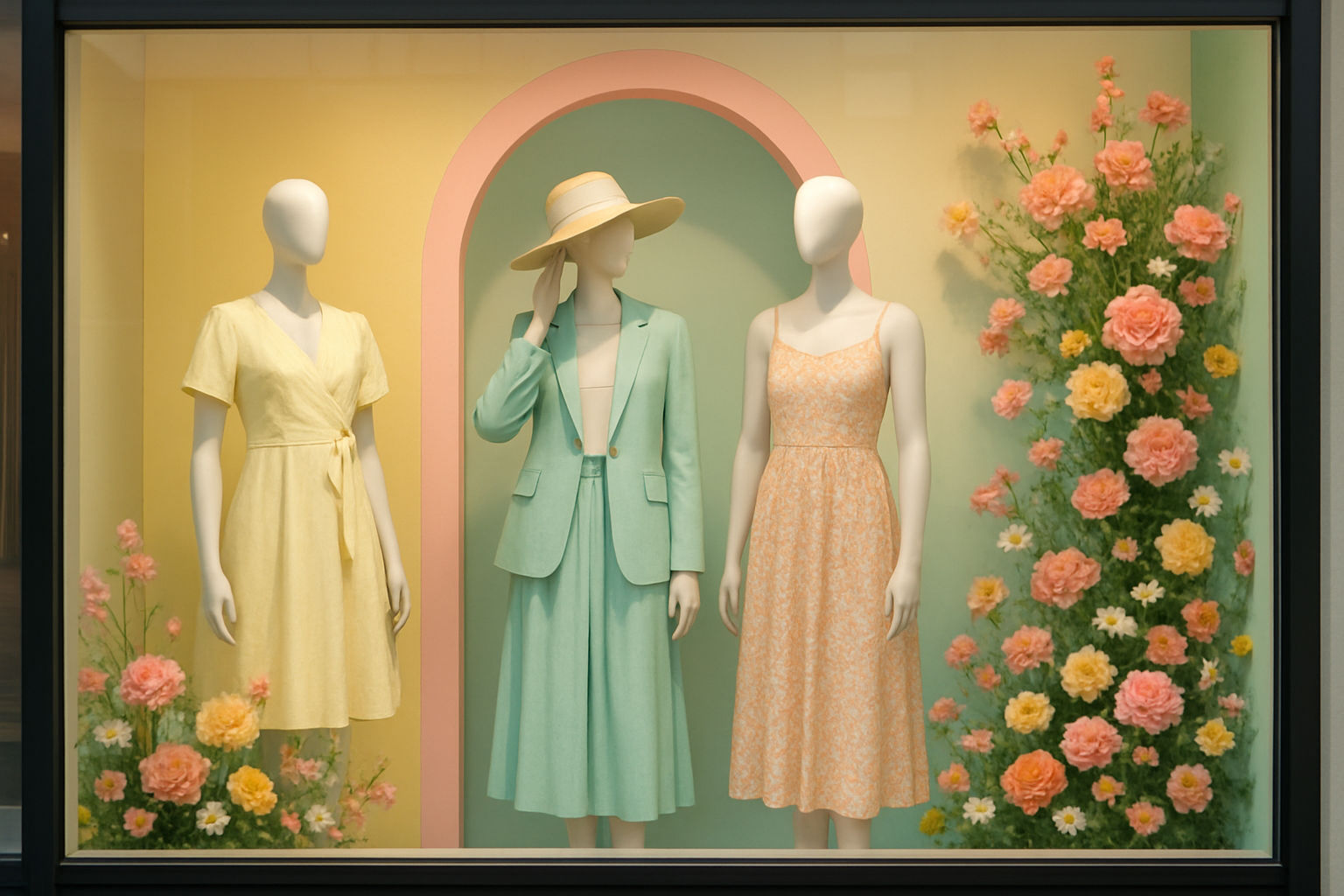 A boutique storefront featuring mannequins dressed in spring collection outfits. The display window is designed with bright pastel colors and floral arrangements, reflecting the seasonal theme. The mannequins are strategically posed to showcase the latest fashion trends and attract customer attention.