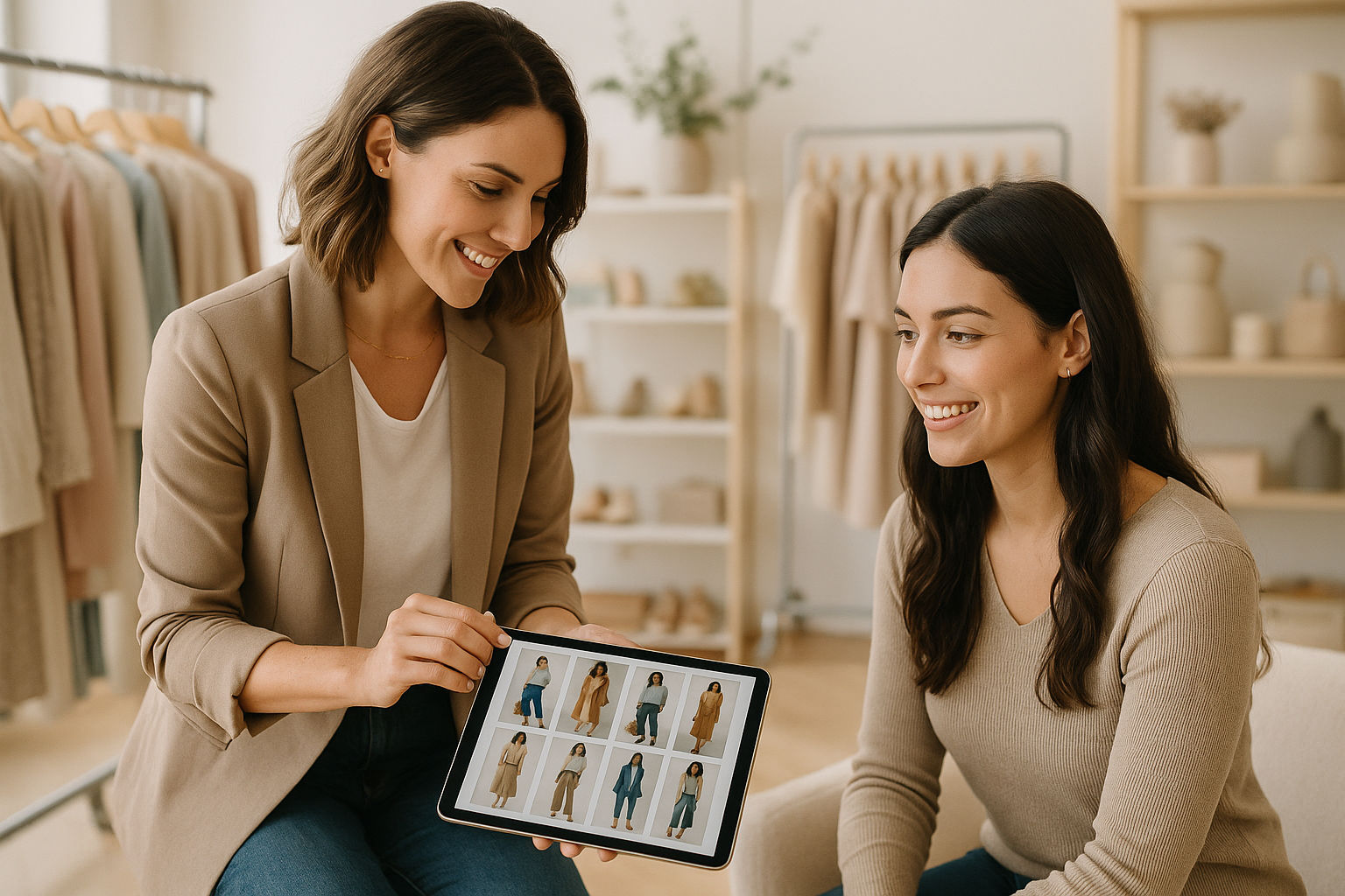 A photorealistic shot capturing a stylist and client during a personalized consultation. The stylist is holding a tablet displaying style options, while the client is seated comfortably and engaged in the conversation. The scene takes place in a bright, airy boutique with racks of clothing and curated displays in the background.