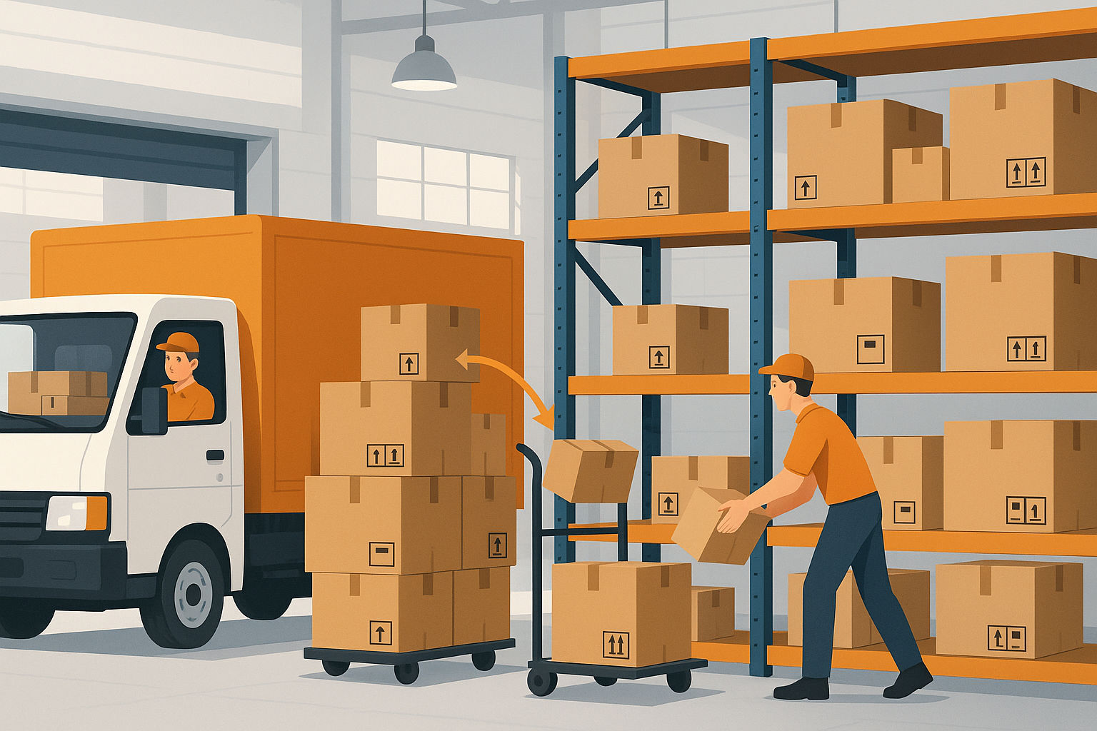 A delivery truck arriving at a warehouse with boxes being unloaded directly onto shelves, representing the concept of Just-in-Time (JIT) inventory, highlighting the efficiency and reduced storage needs, captured in a bright, industrial setting with focus on the seamless flow of goods from delivery to shelf, minimizing excess stock and optimizing inventory levels.